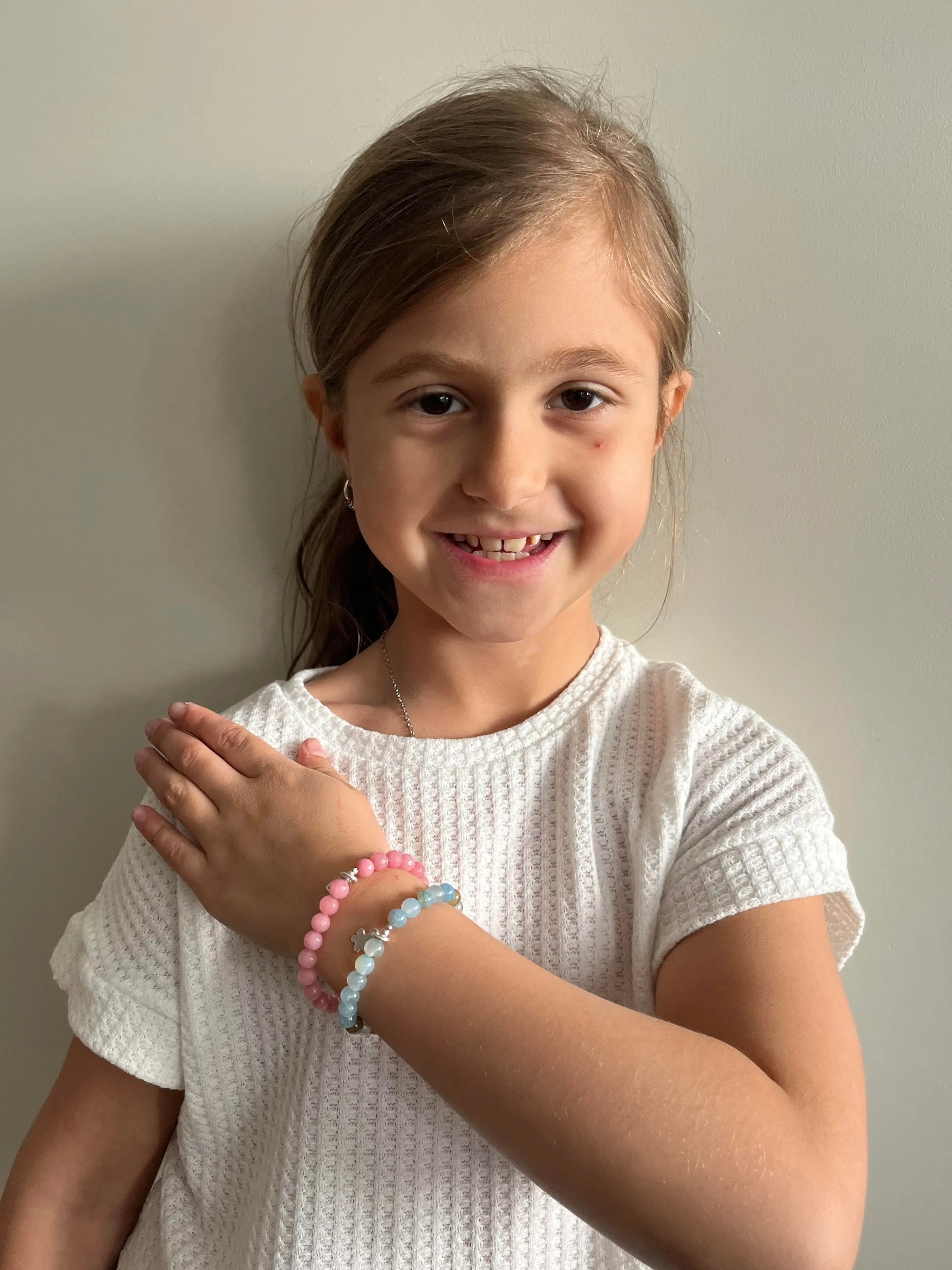 CHILD Bracelets: Rose Jade Stone & Fine silver Heart Stretch Bracelet