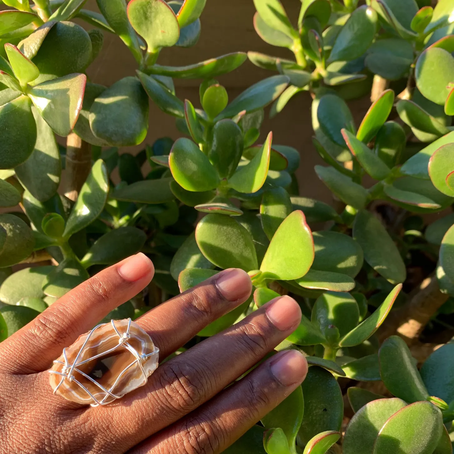 Cream Agate Wire Wrapped Adjustable Ring Silver