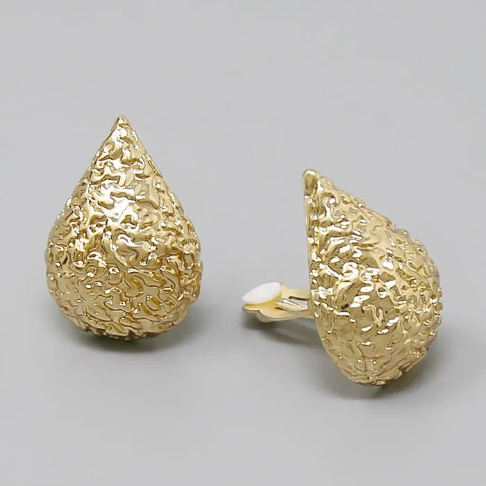 Crumpled Metal Chunky Teardrop Clip On Earrings