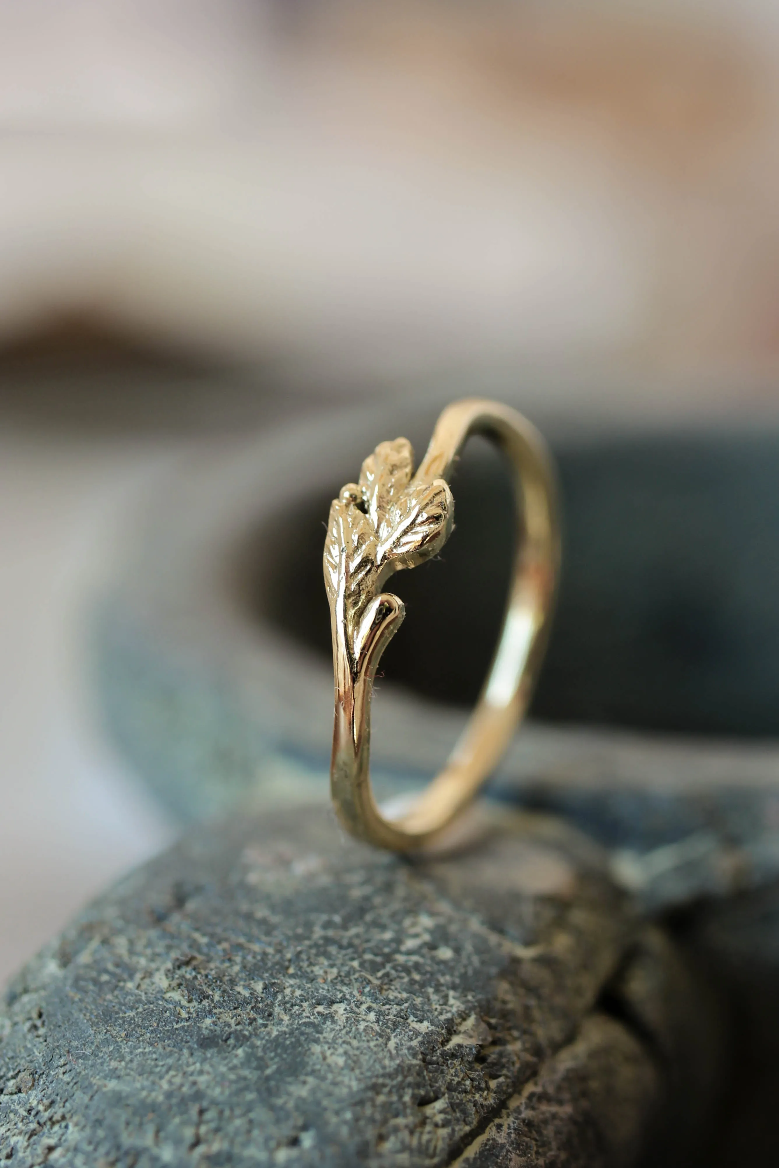 Dainty twig wedding band, solid gold ring