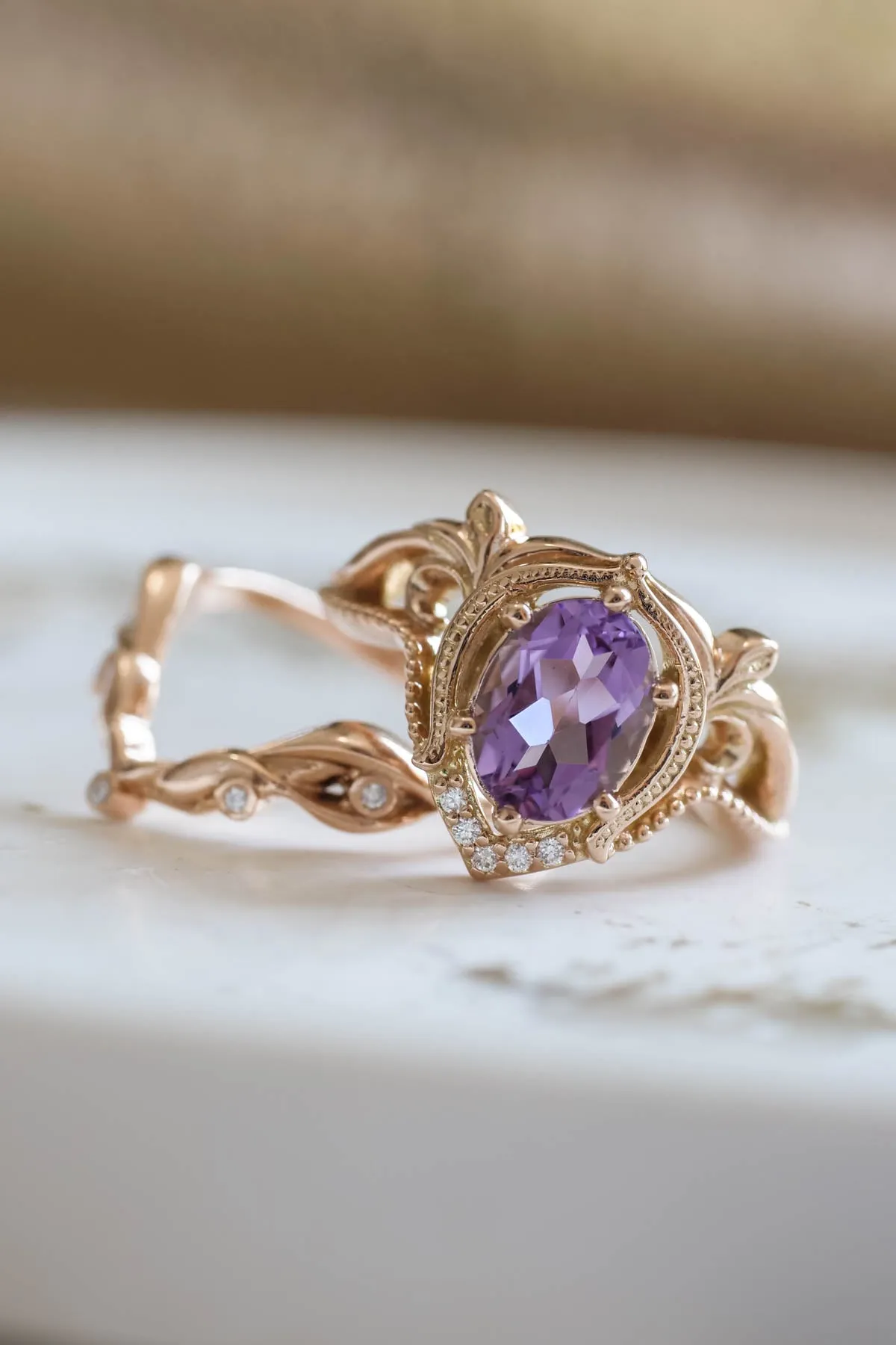 Diamond engagement ring with amethyst, unique promise ring / Lida