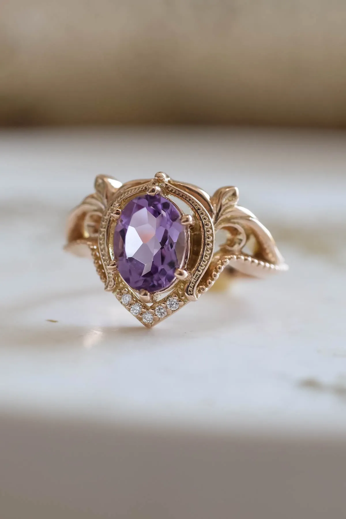 Diamond engagement ring with amethyst, unique promise ring / Lida