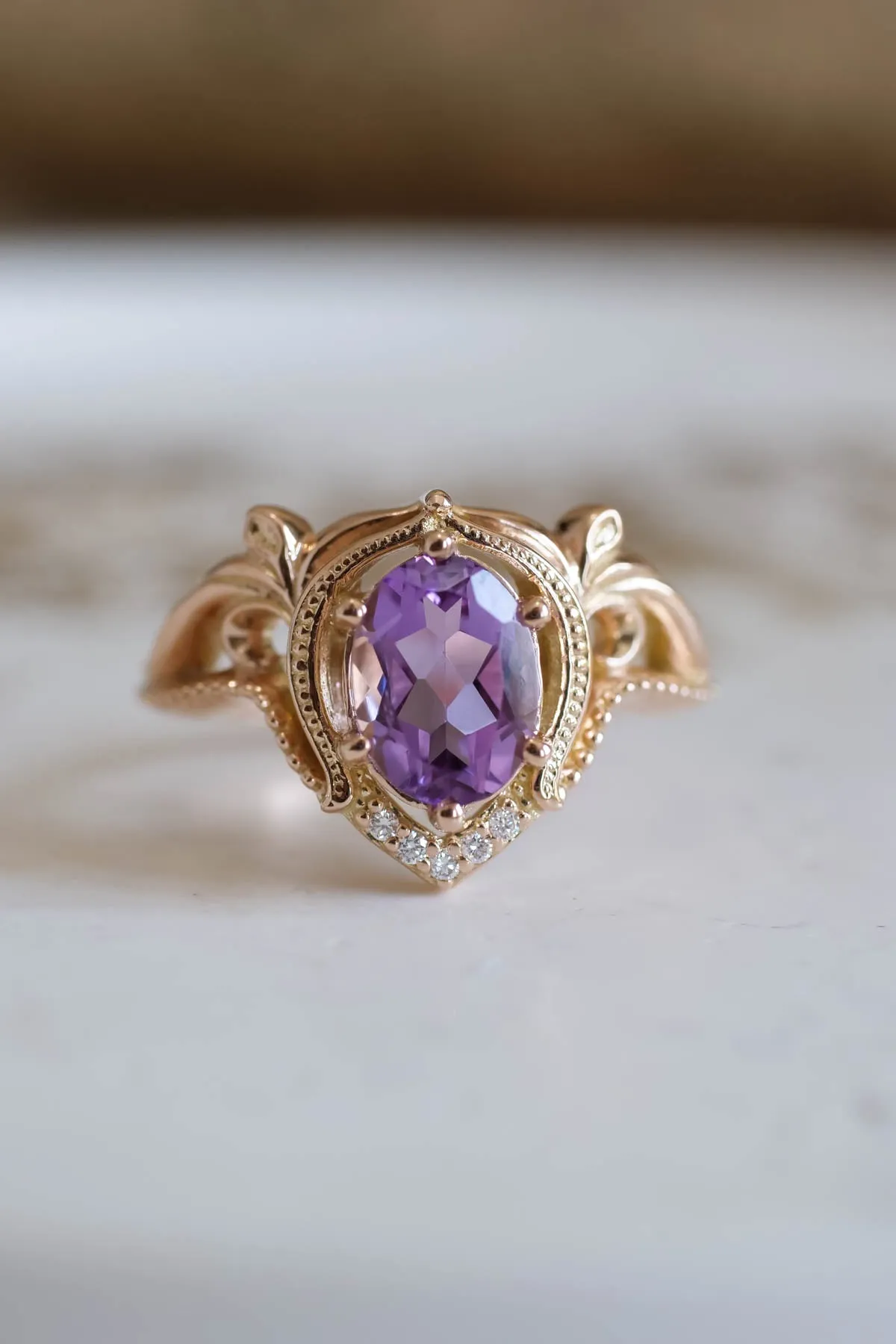 Diamond engagement ring with amethyst, unique promise ring / Lida