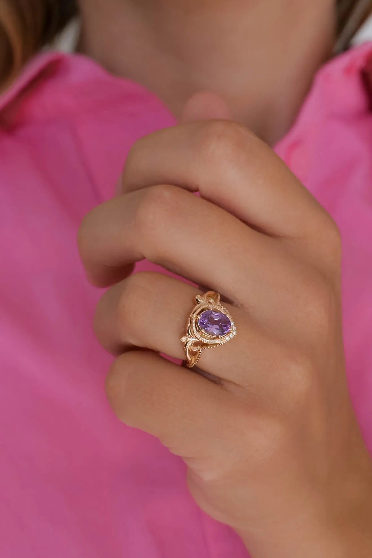 Diamond engagement ring with amethyst, unique promise ring / Lida