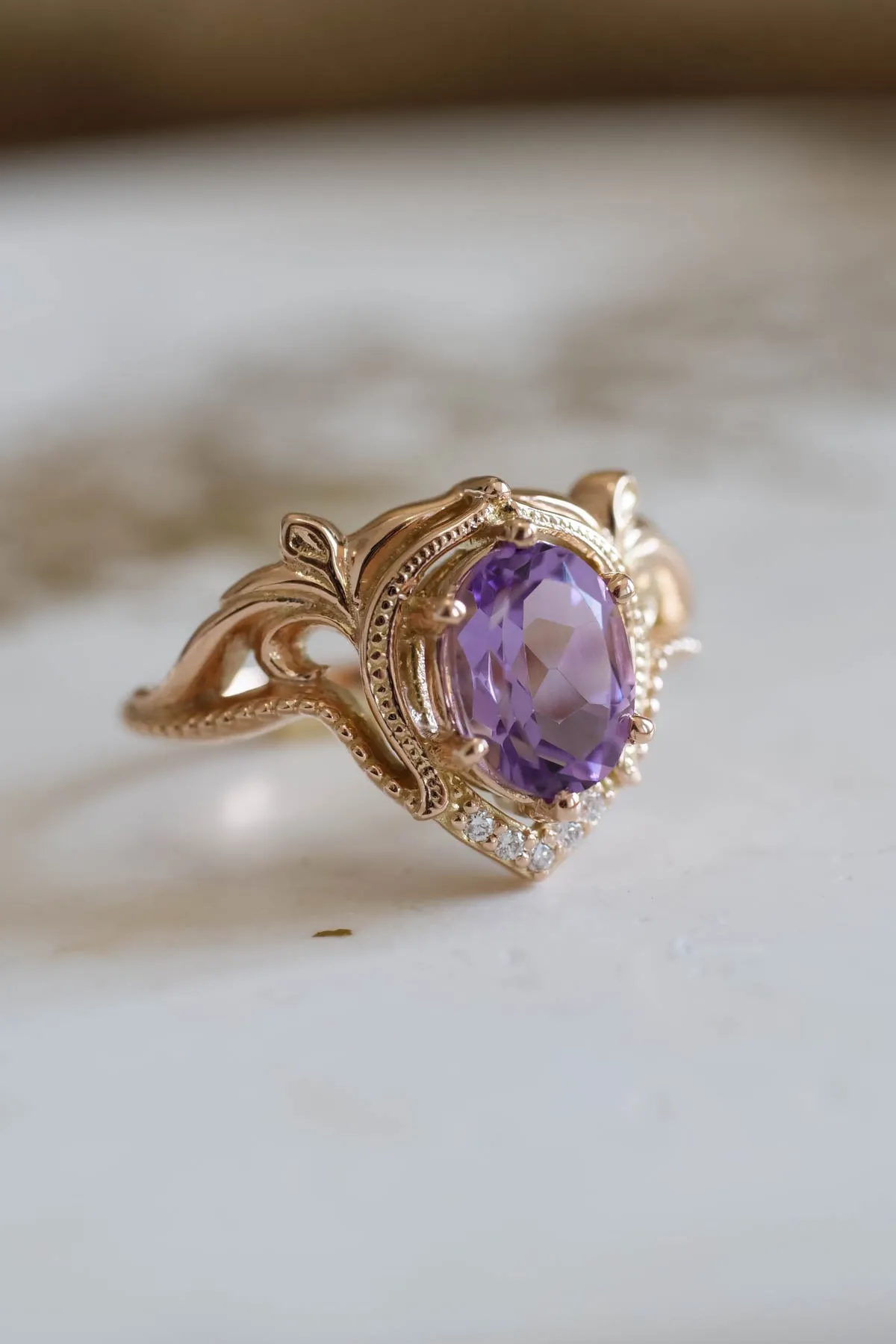 Diamond engagement ring with amethyst, unique promise ring / Lida