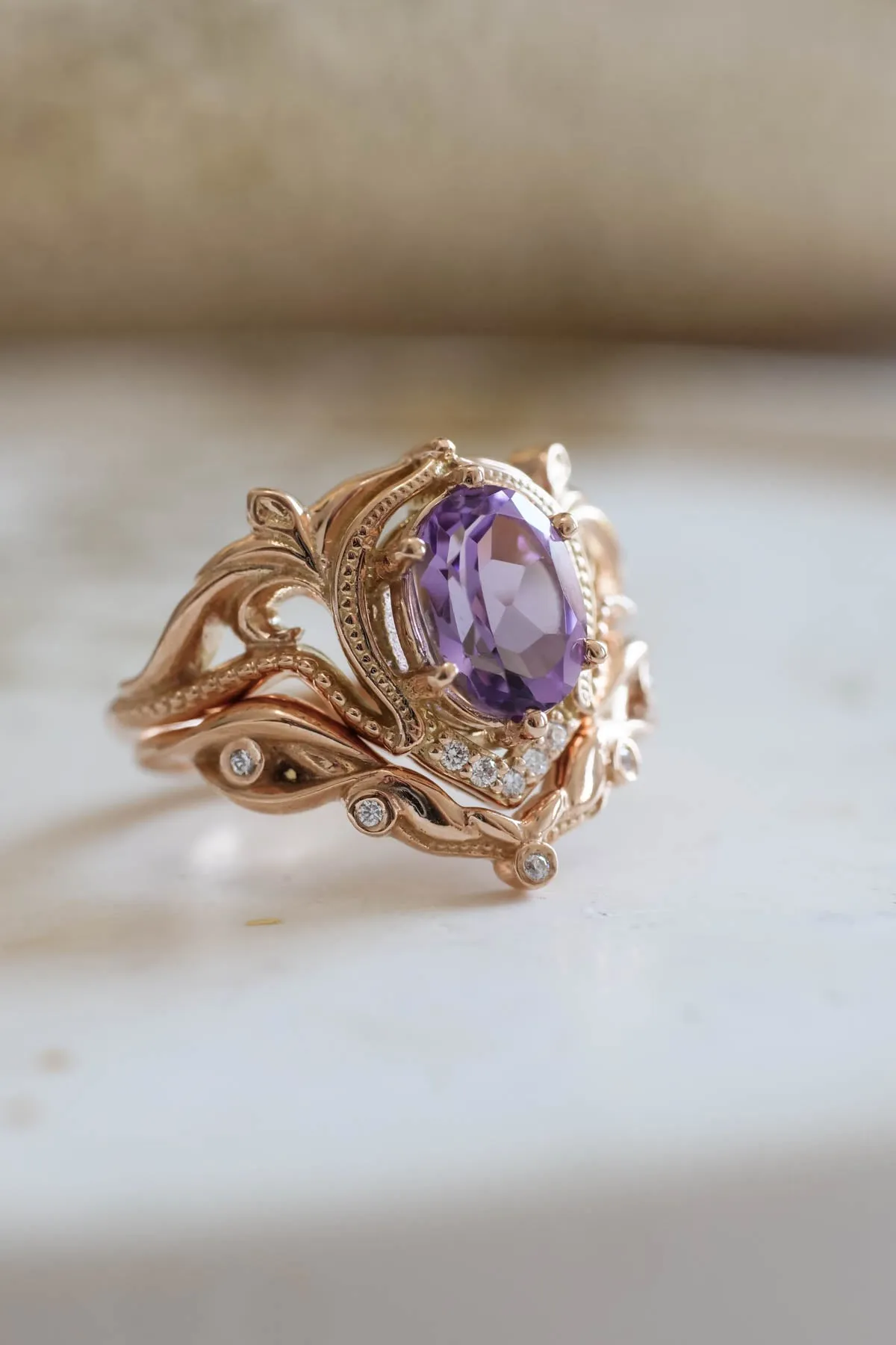 Diamond engagement ring with amethyst, unique promise ring / Lida