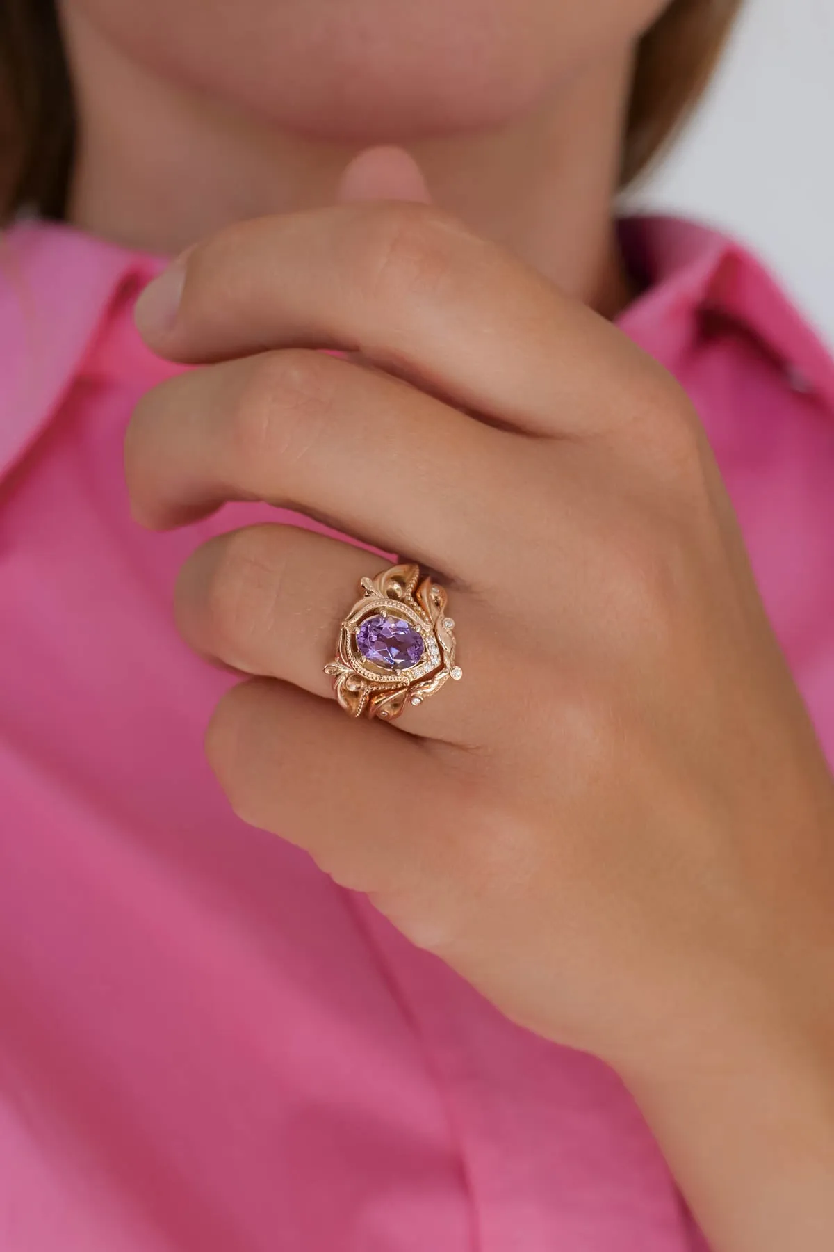 Diamond engagement ring with amethyst, unique promise ring / Lida