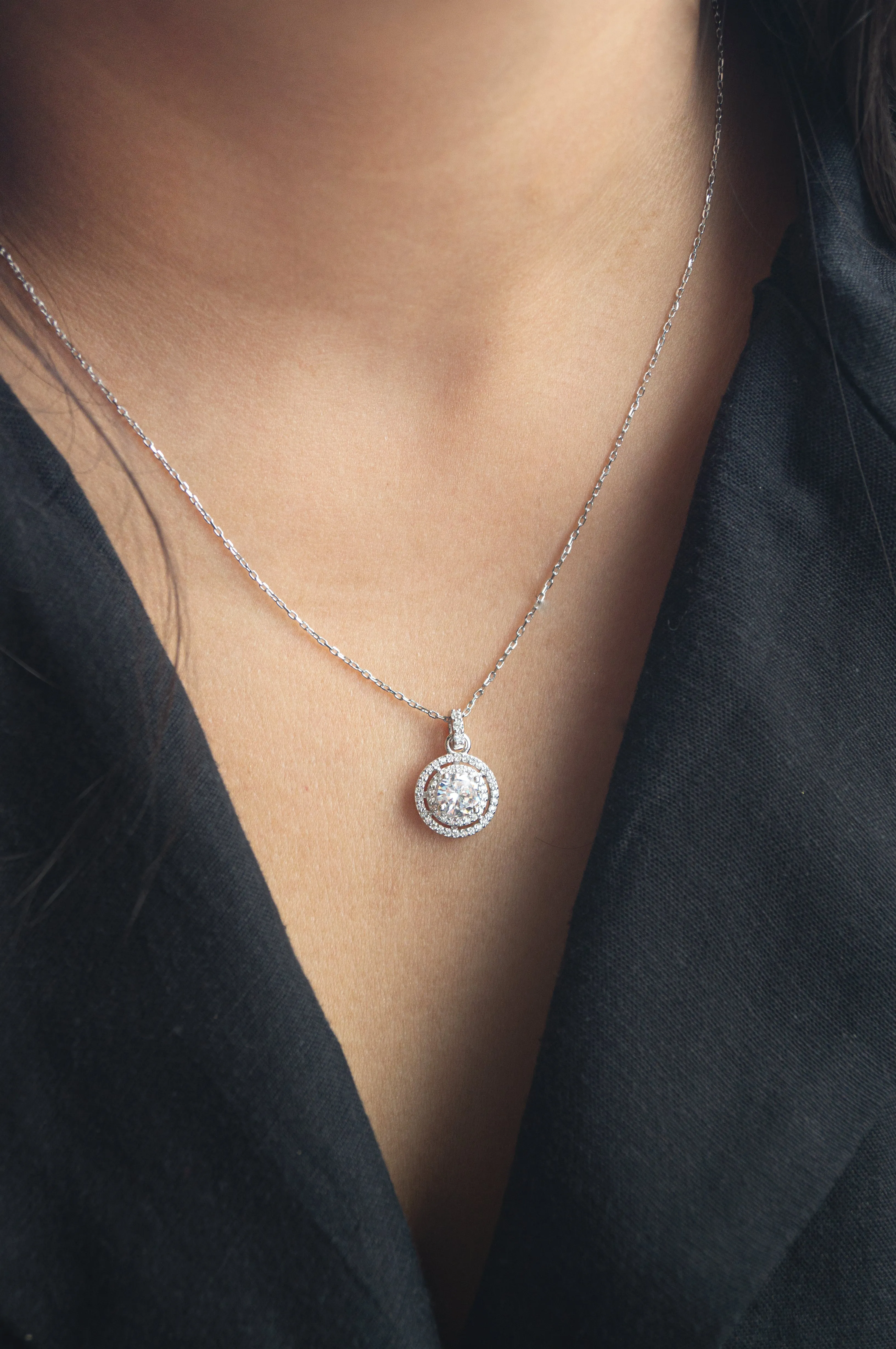 Double Halo Solitare Rose Plated Sterling Silver Pendant Necklace