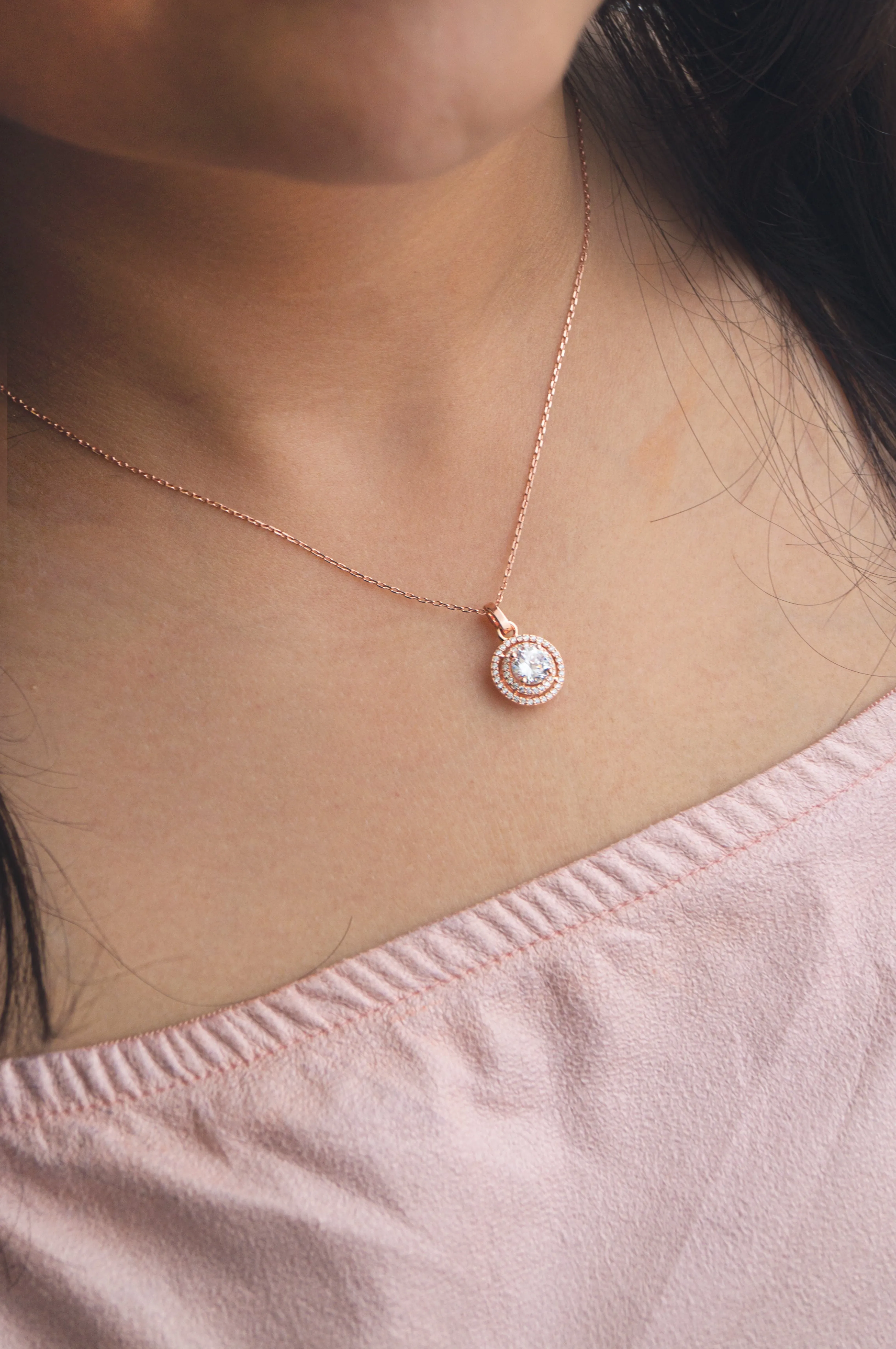 Double Halo Solitare Rose Plated Sterling Silver Pendant Necklace