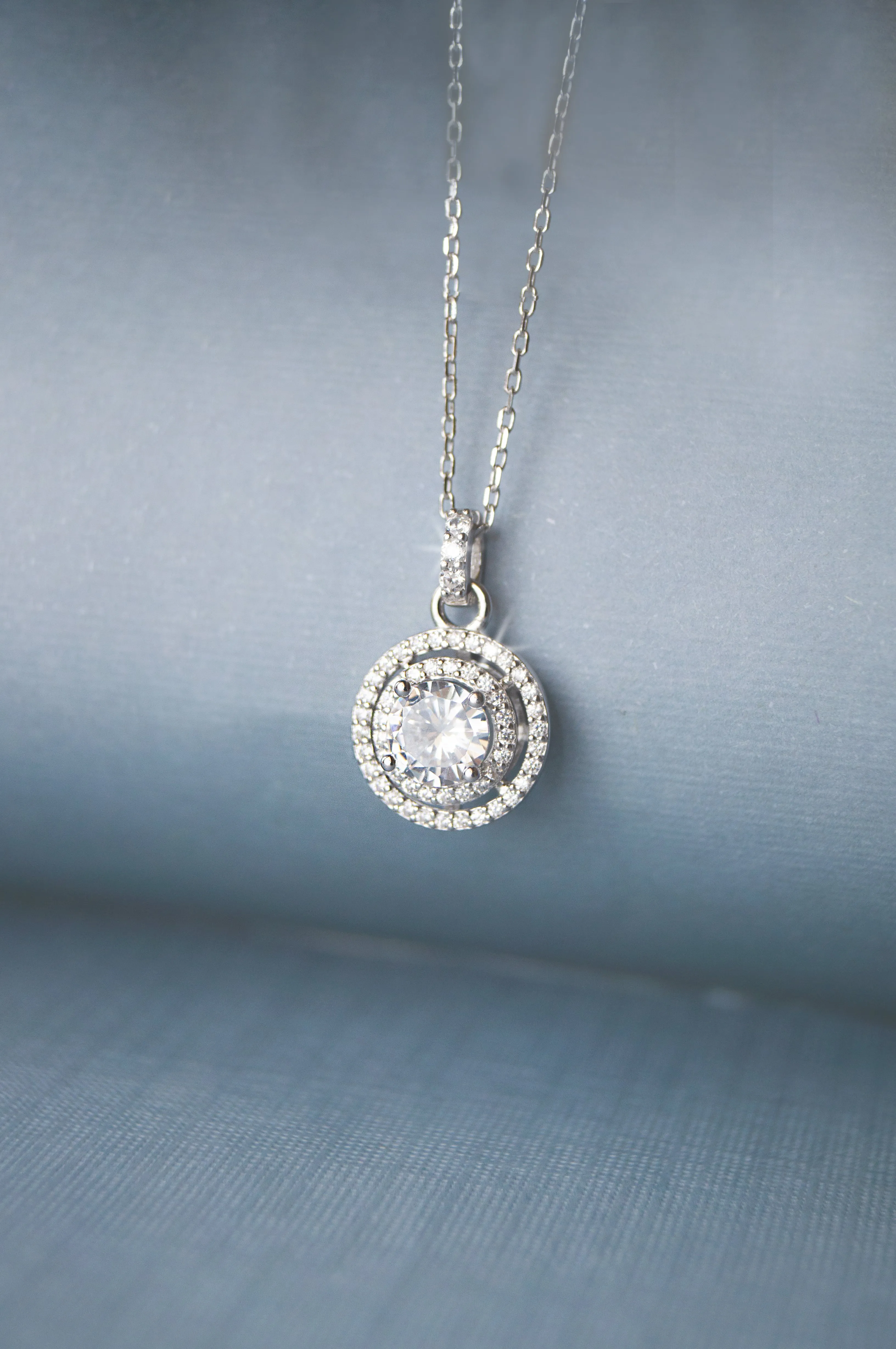 Double Halo Solitare Rose Plated Sterling Silver Pendant Necklace