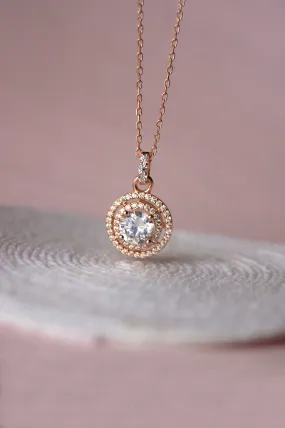 Double Halo Solitare Rose Plated Sterling Silver Pendant Necklace