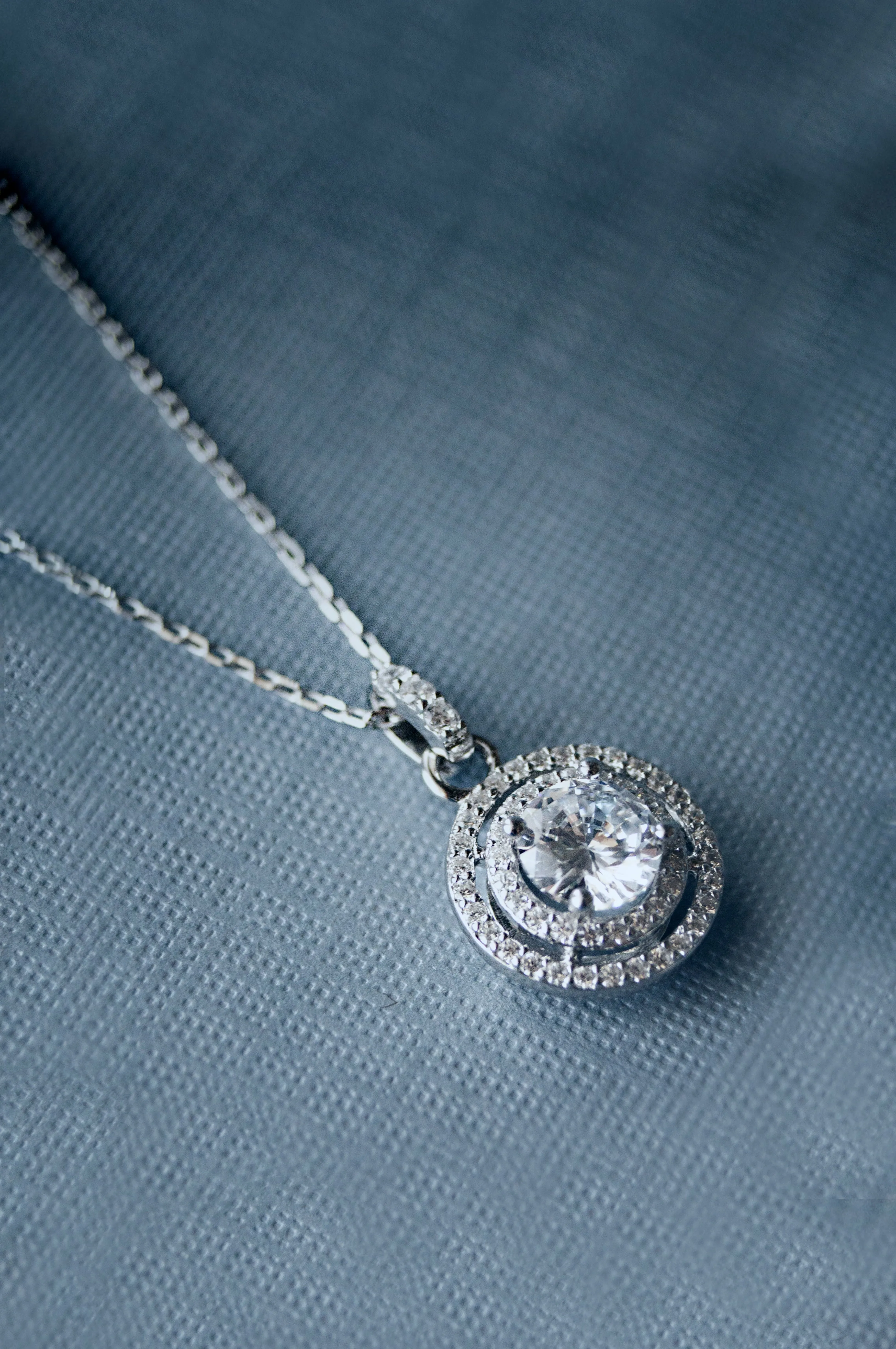 Double Halo Solitare Rose Plated Sterling Silver Pendant Necklace