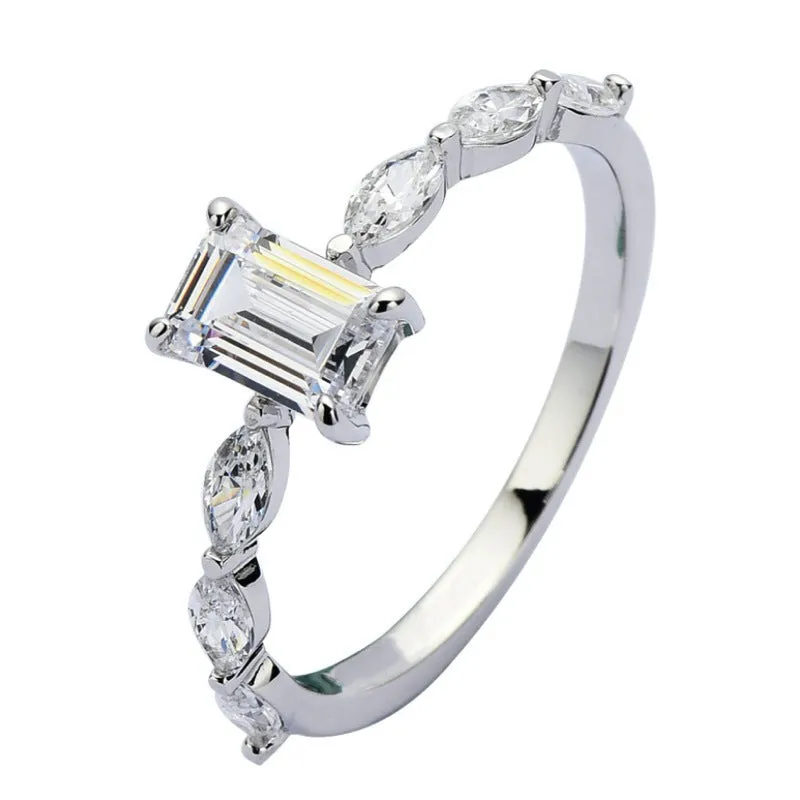 Emerald Cut Moissanite Engagement Ring with Marquise Sides 18K Gold