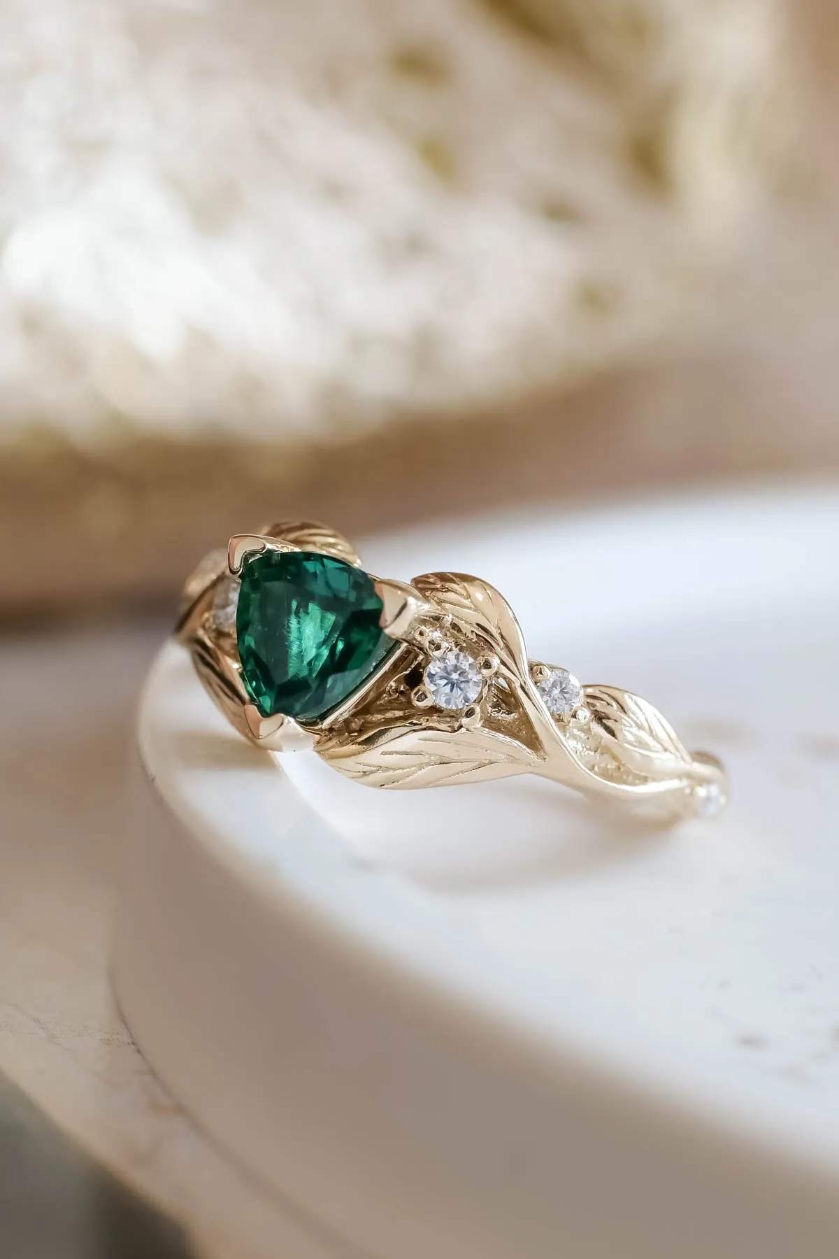 Emerald trillion cut engagement ring, gold leaves and diamonds ring / Clematis