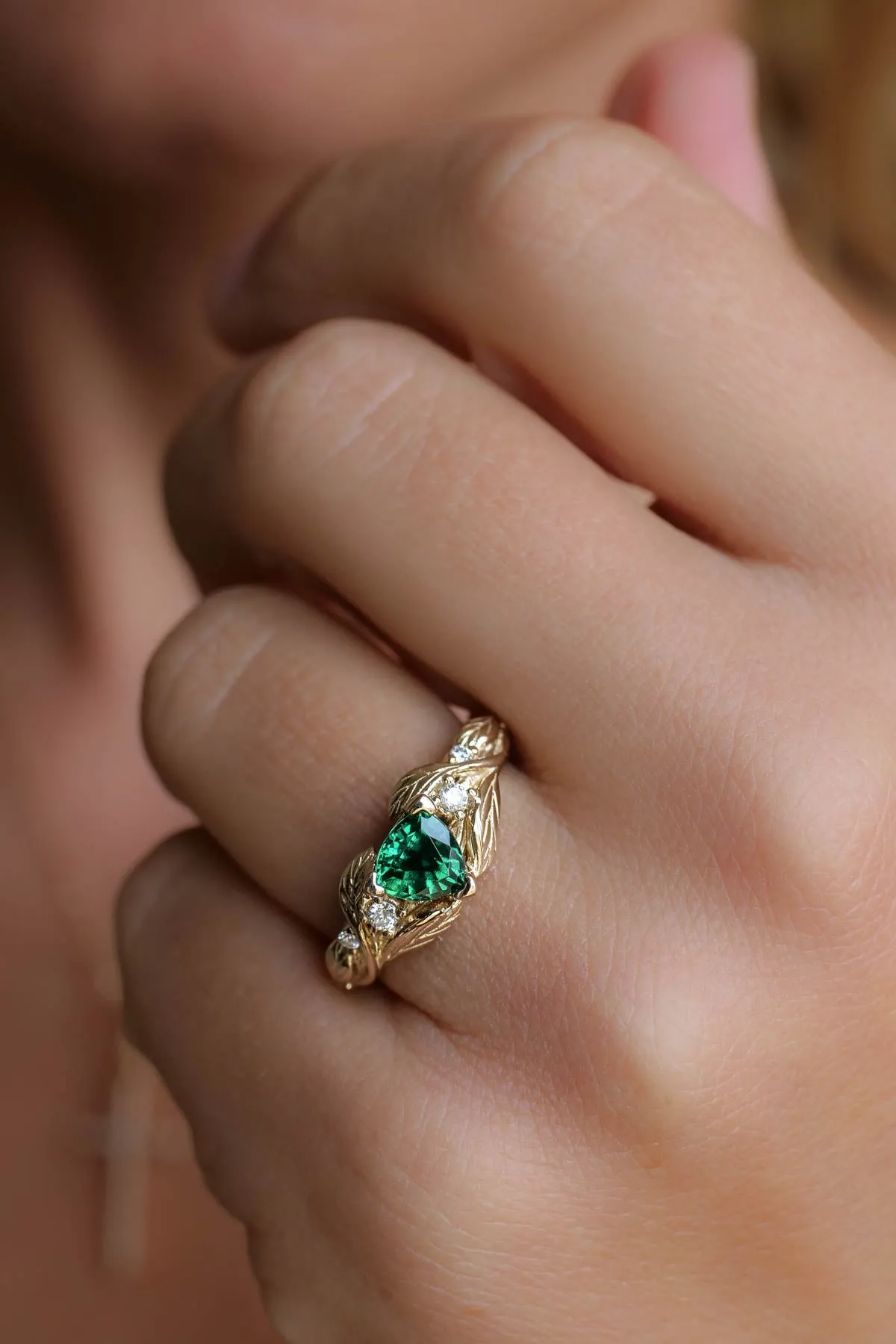 Emerald trillion cut engagement ring, gold leaves and diamonds ring / Clematis