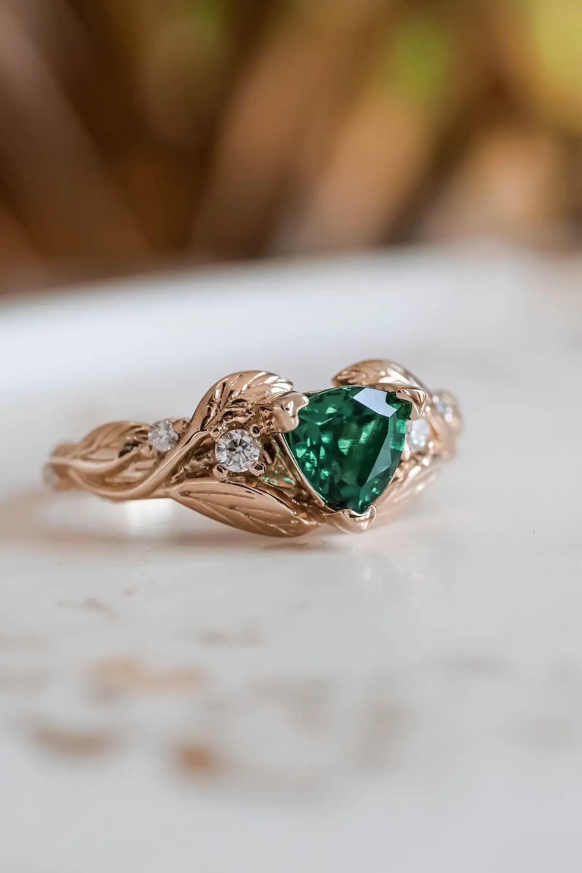 Emerald trillion cut engagement ring, gold leaves and diamonds ring / Clematis