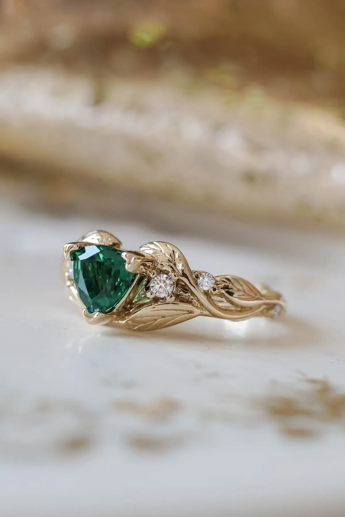 Emerald trillion cut engagement ring, gold leaves and diamonds ring / Clematis