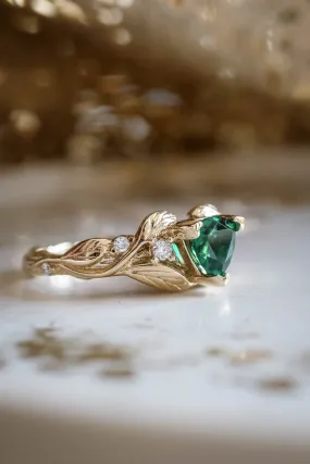 Emerald trillion cut engagement ring, gold leaves and diamonds ring / Clematis