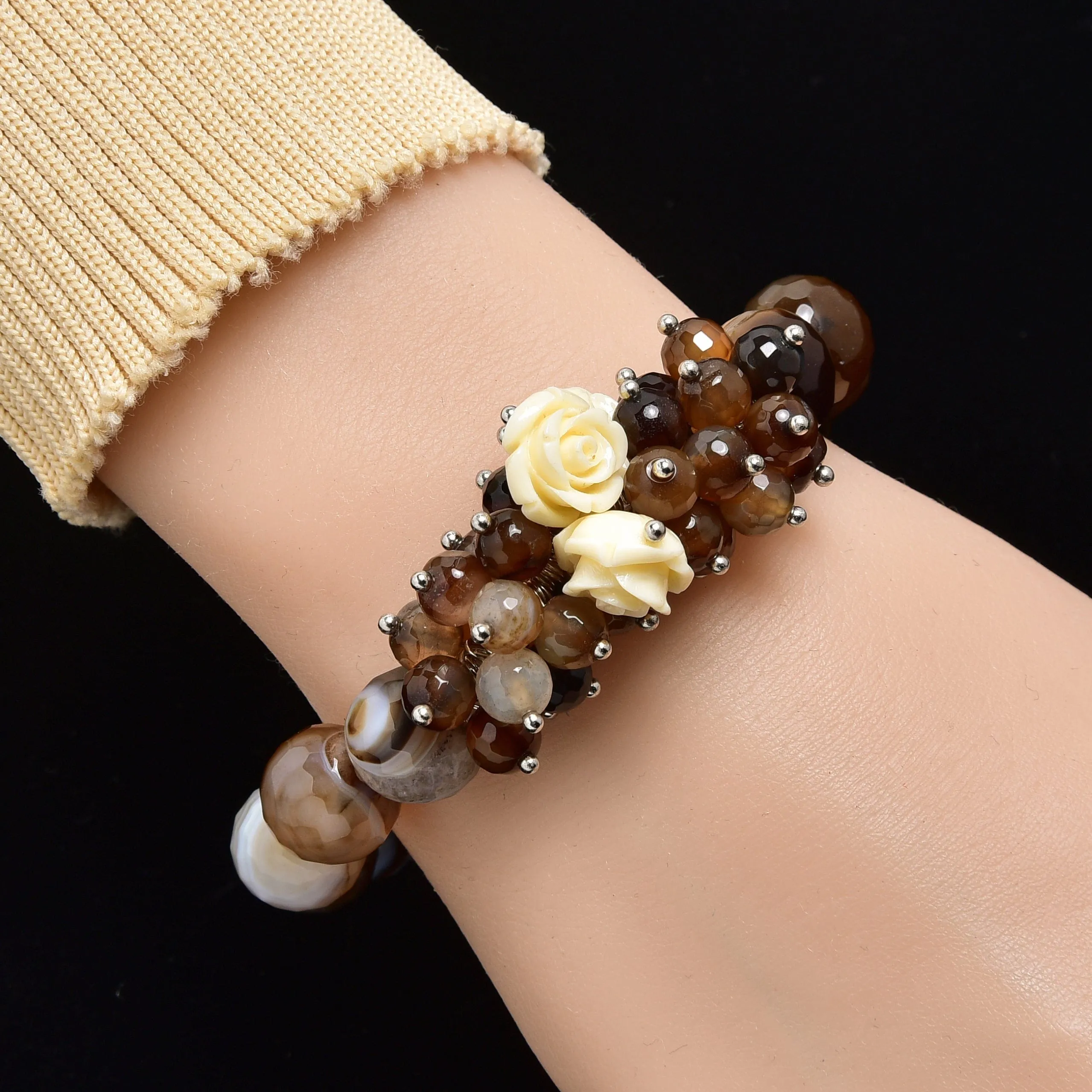 Faceted Coffee Agate with Flower Accents 12mm Gemstone Bead Elastic Bracelet