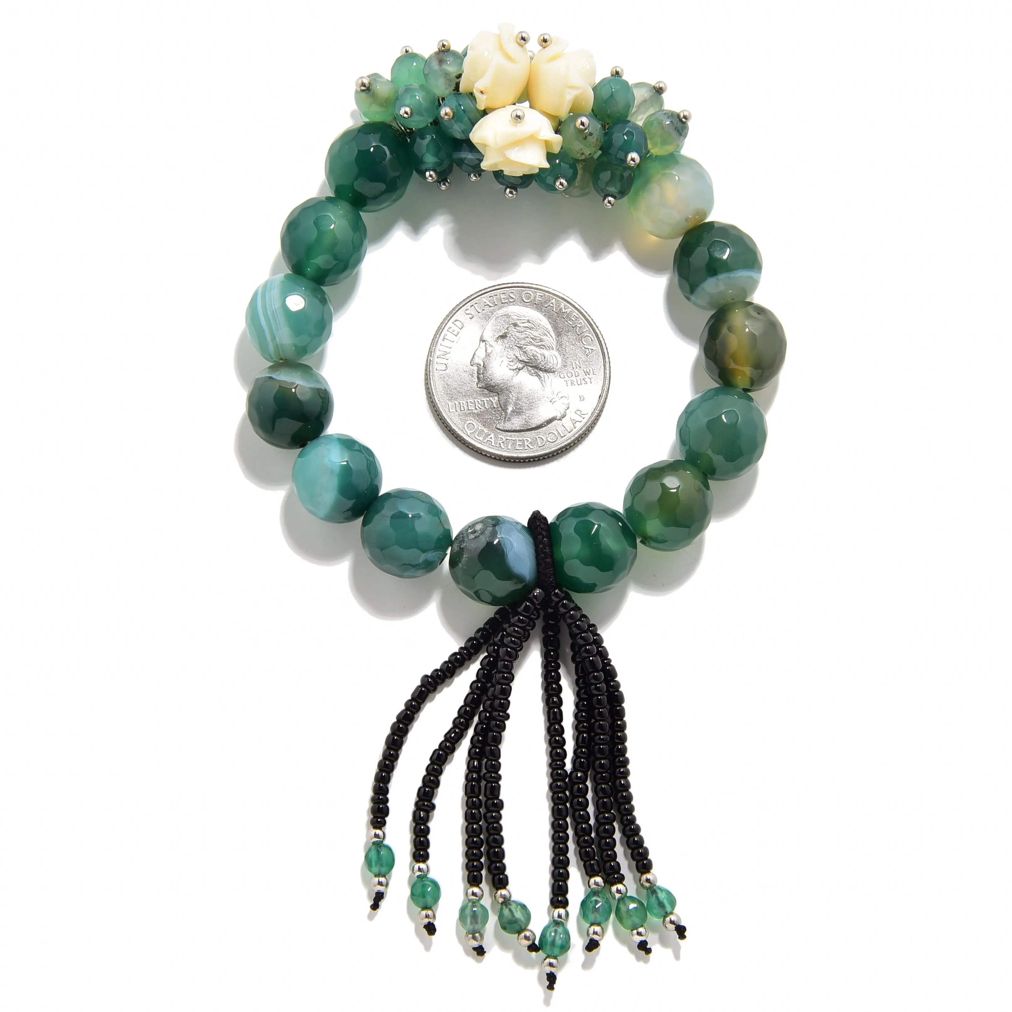 Faceted Green Agate with Flower Accents 12mm Gemstone Bead Elastic Bracelet