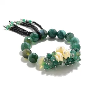 Faceted Green Agate with Flower Accents 12mm Gemstone Bead Elastic Bracelet