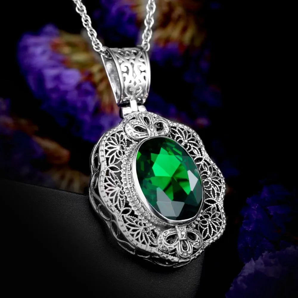 Flower Shape Emerald Pendant 925 Sterling Silver - No Chain