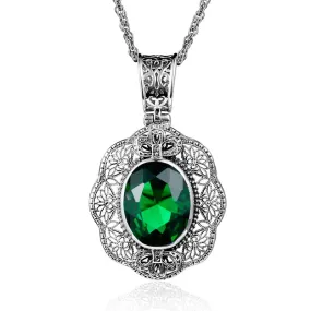 Flower Shape Emerald Pendant 925 Sterling Silver - No Chain