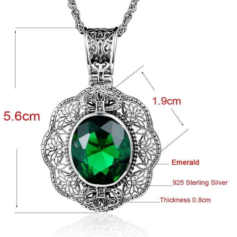 Flower Shape Emerald Pendant 925 Sterling Silver - No Chain