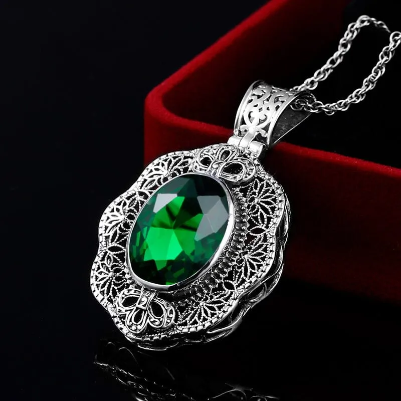 Flower Shape Emerald Pendant 925 Sterling Silver - No Chain