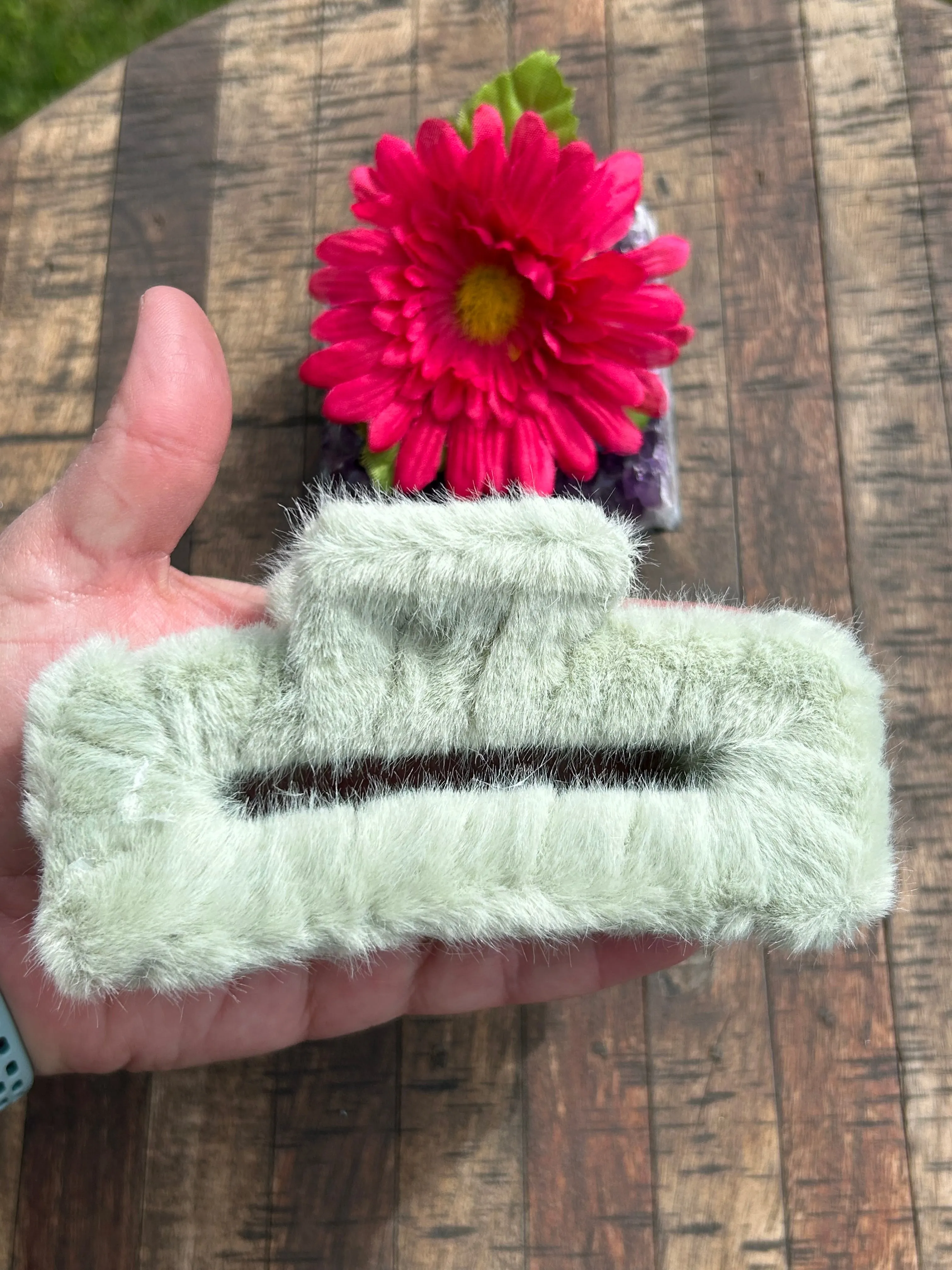 Furry Hair Clip- Rectangle Mint