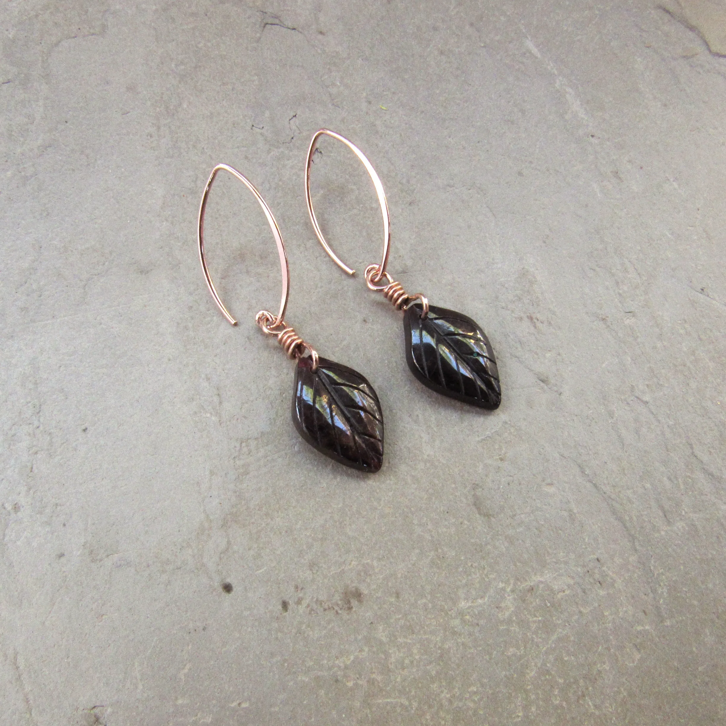 Genuine Garnet Leaf Carved Earrings Hand Wrapped with Silver Vermeil Wire