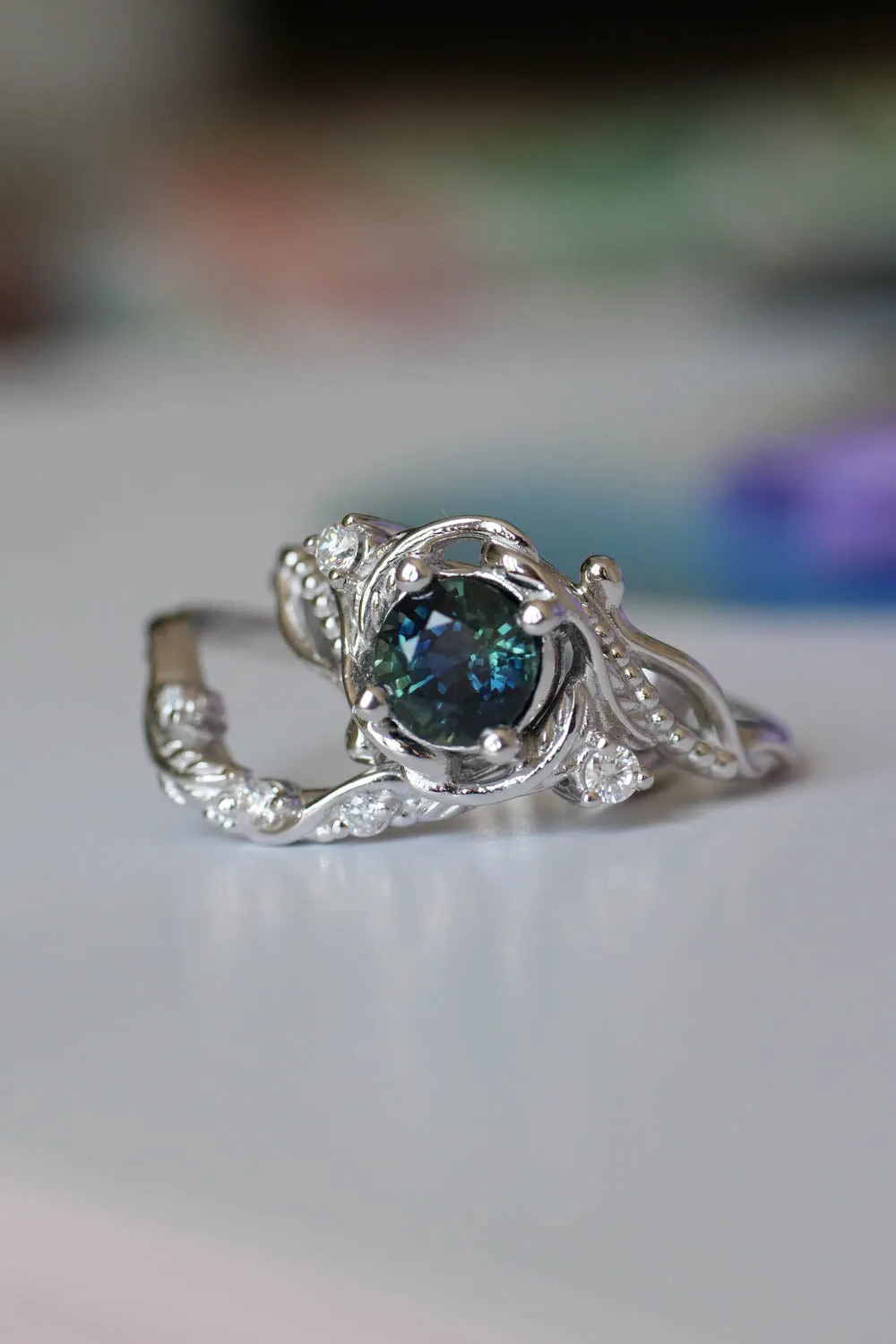 Genuine teal sapphire engagement ring set, white gold bridal ring set with sapphire and diamonds / Undina