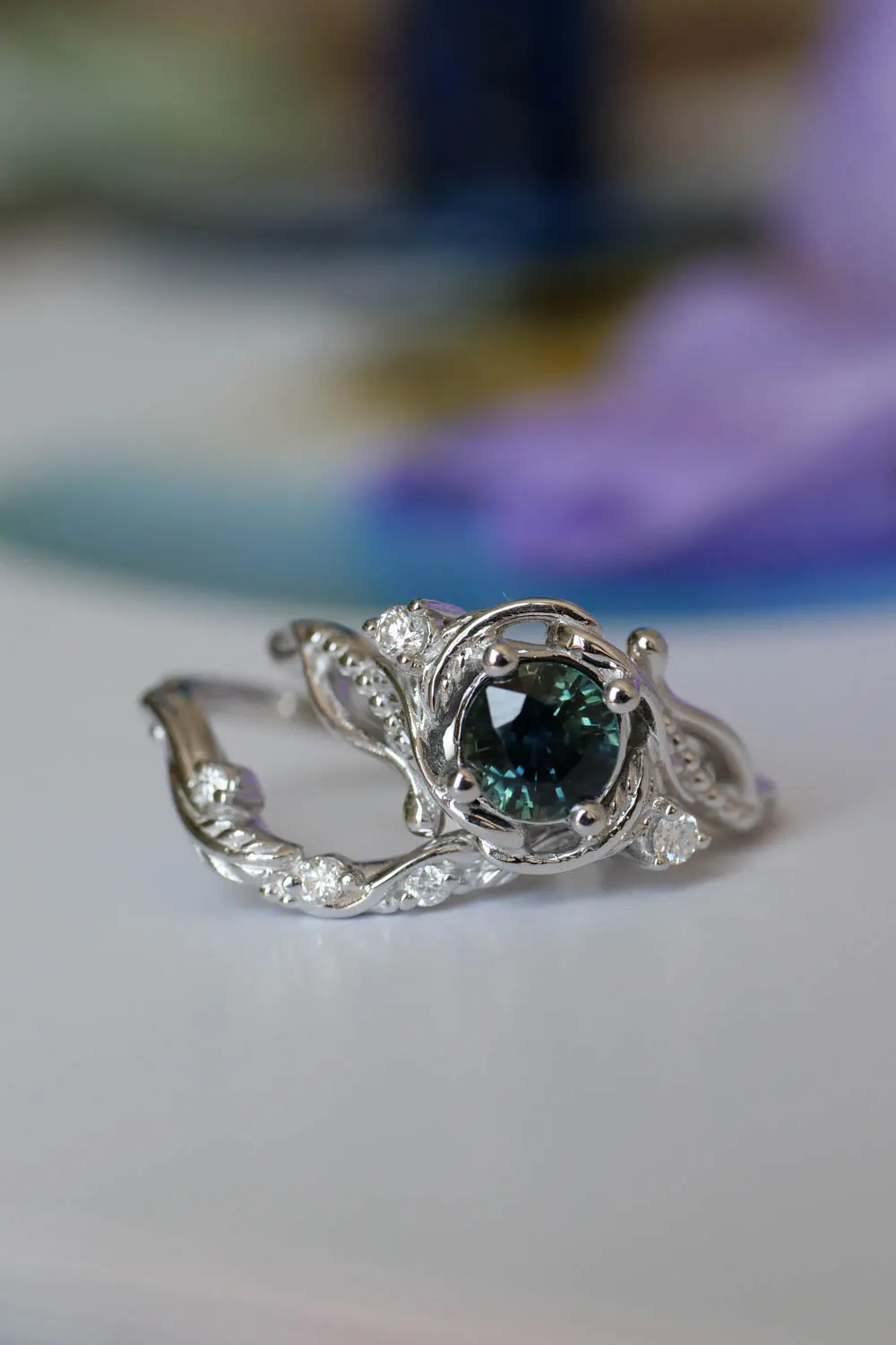 Genuine teal sapphire engagement ring set, white gold bridal ring set with sapphire and diamonds / Undina