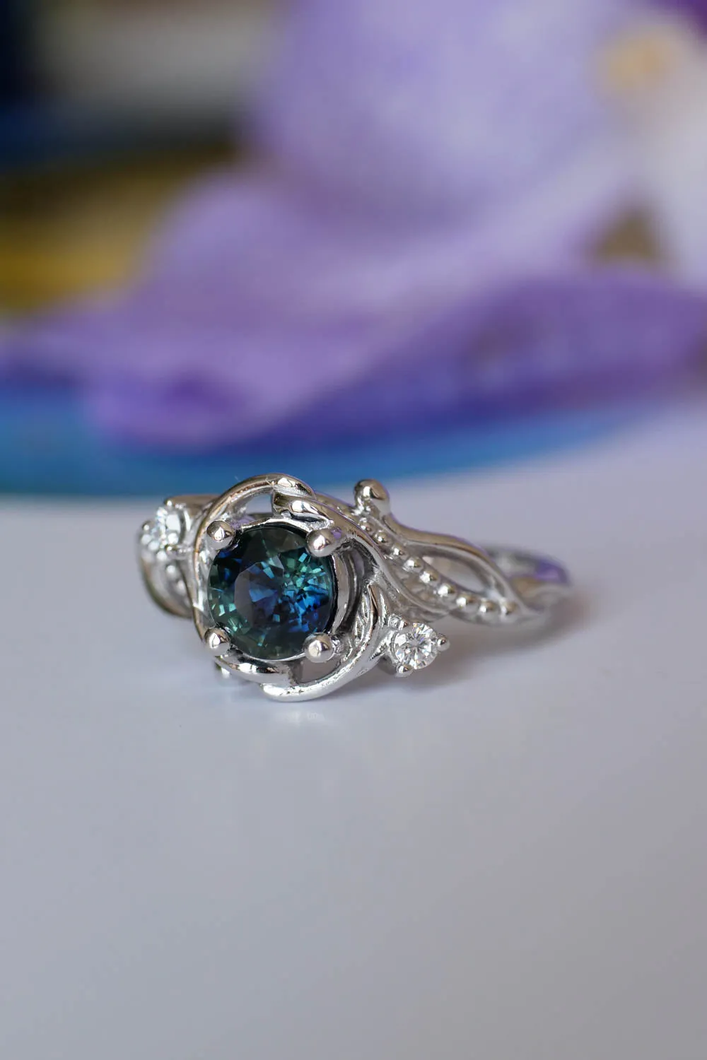 Genuine teal sapphire engagement ring set, white gold bridal ring set with sapphire and diamonds / Undina