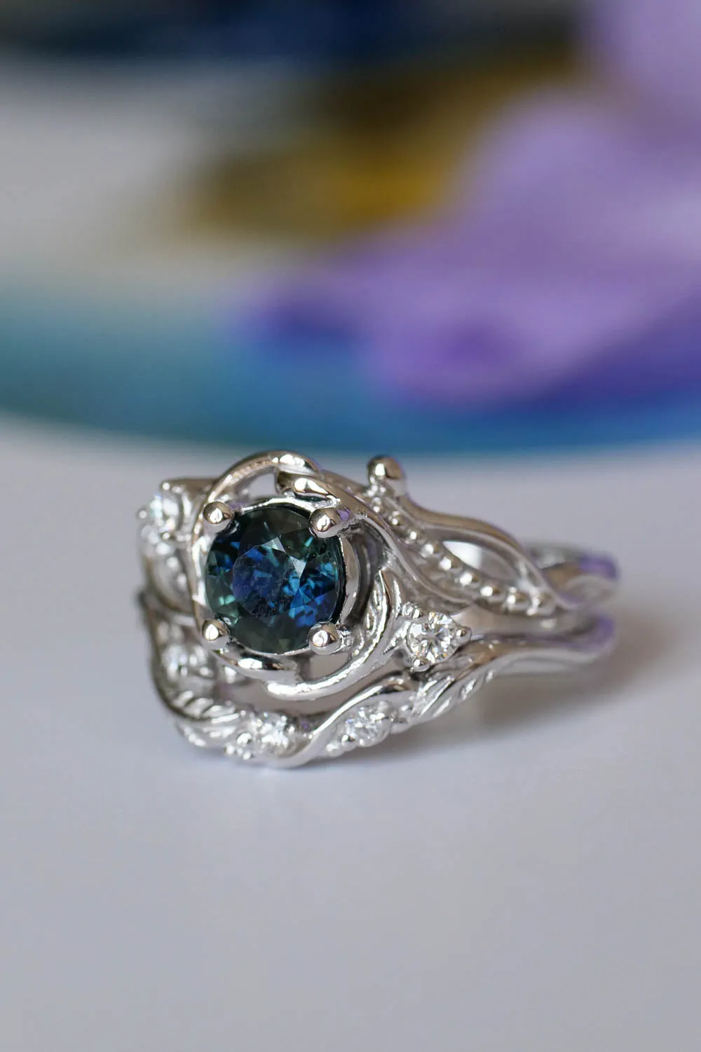 Genuine teal sapphire engagement ring set, white gold bridal ring set with sapphire and diamonds / Undina