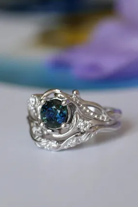 Genuine teal sapphire engagement ring set, white gold bridal ring set with sapphire and diamonds / Undina