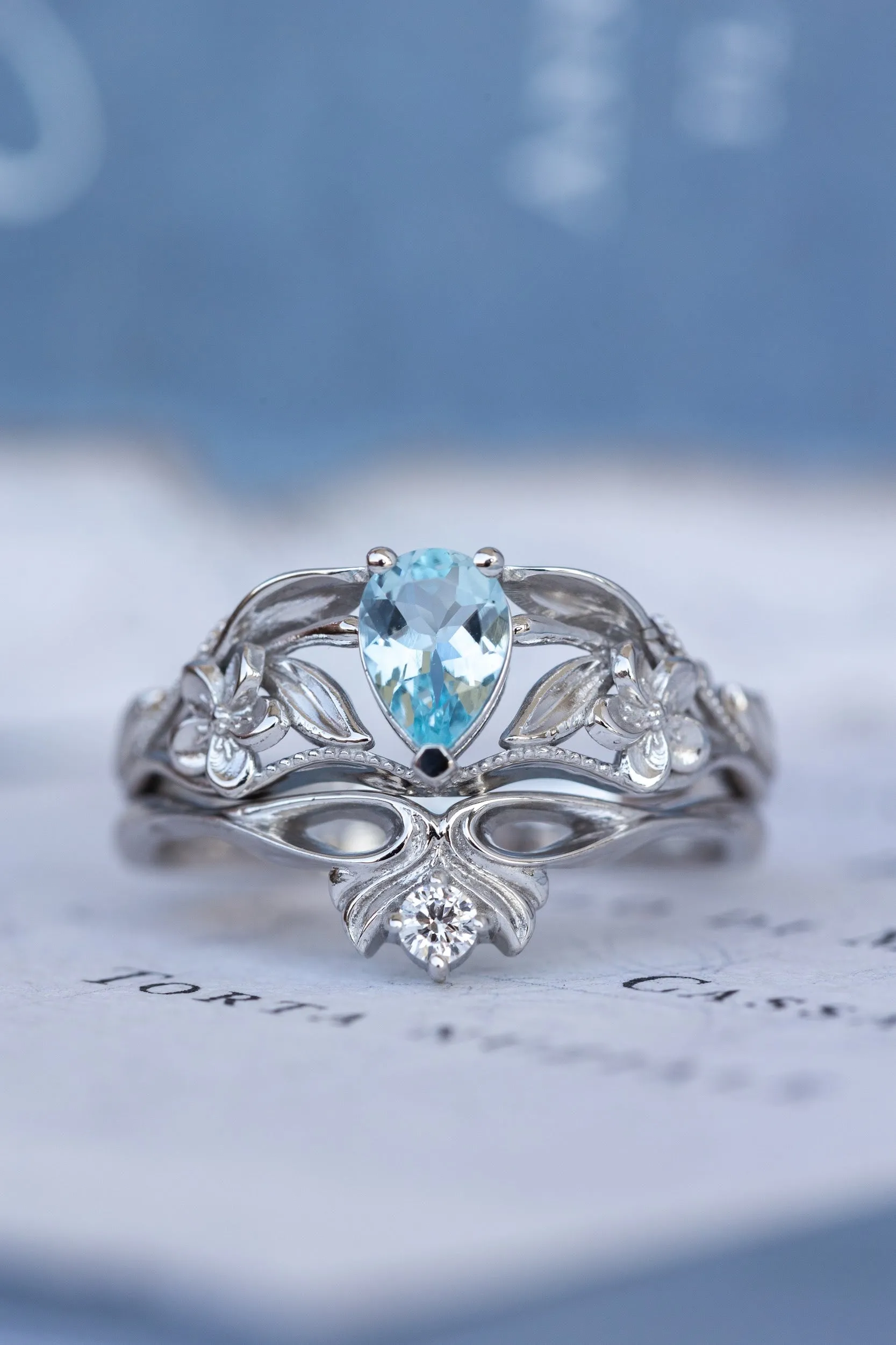 Gold flower engagement ring with natural aquamarine, art nouveau proposal ring / Eloise