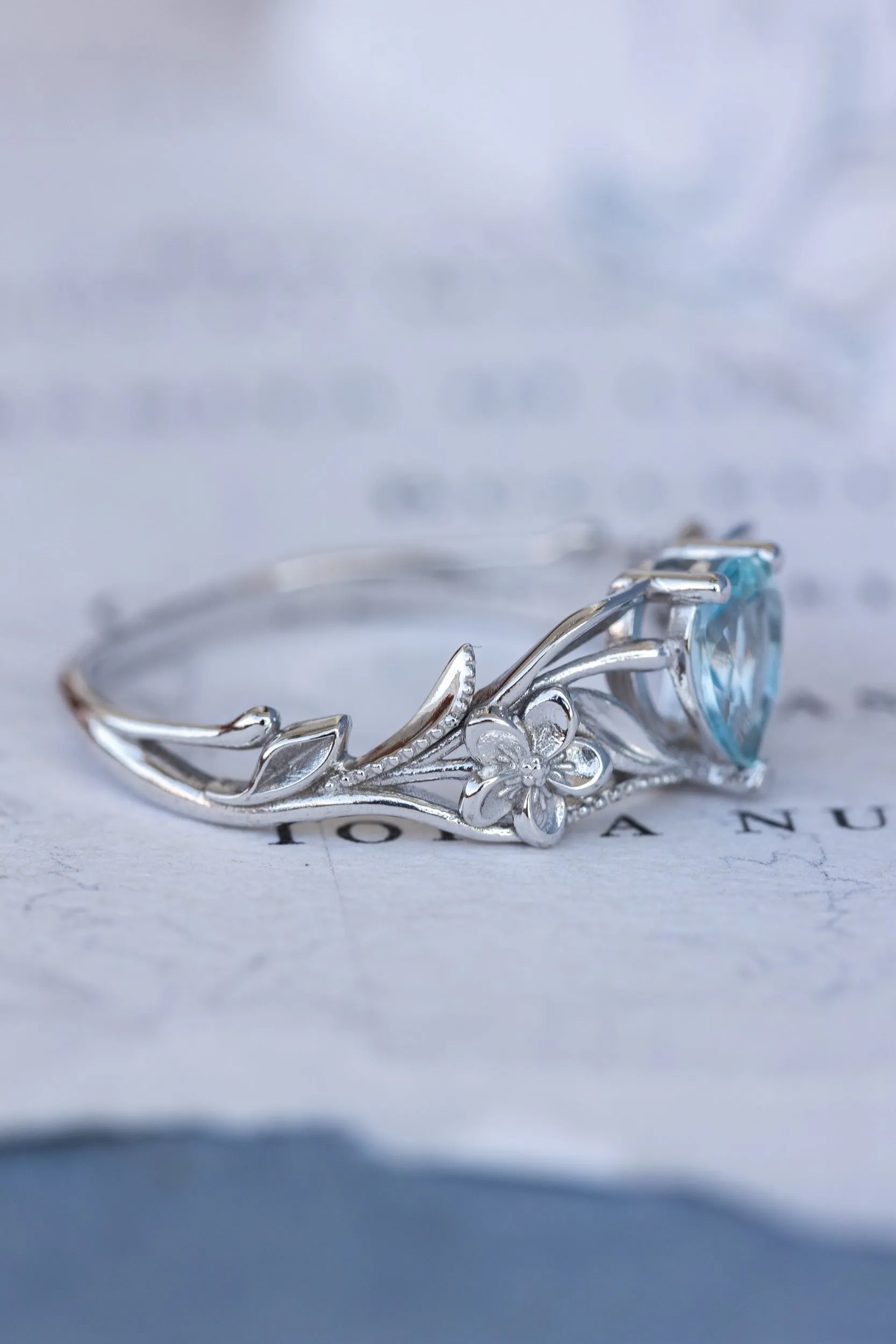 Gold flower engagement ring with natural aquamarine, art nouveau proposal ring / Eloise