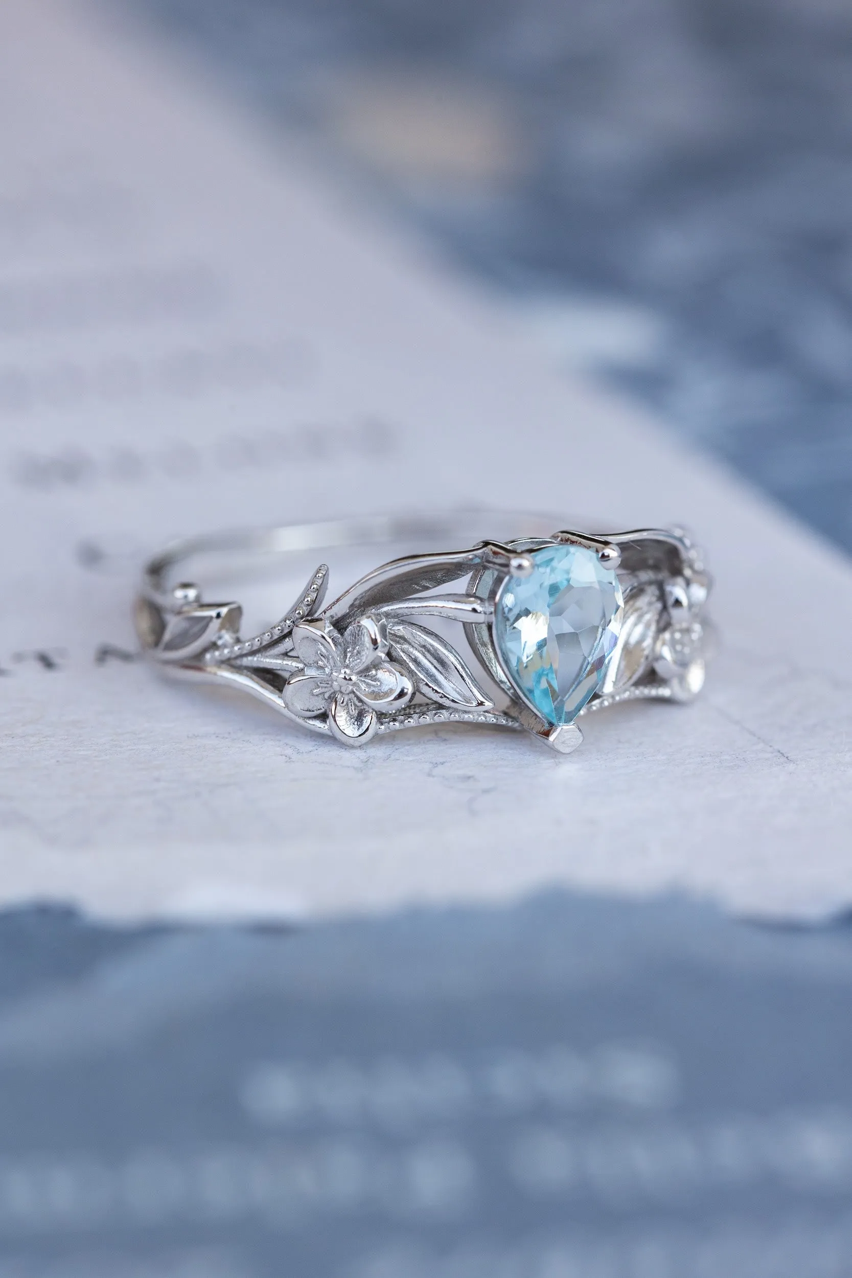 Gold flower engagement ring with natural aquamarine, art nouveau proposal ring / Eloise