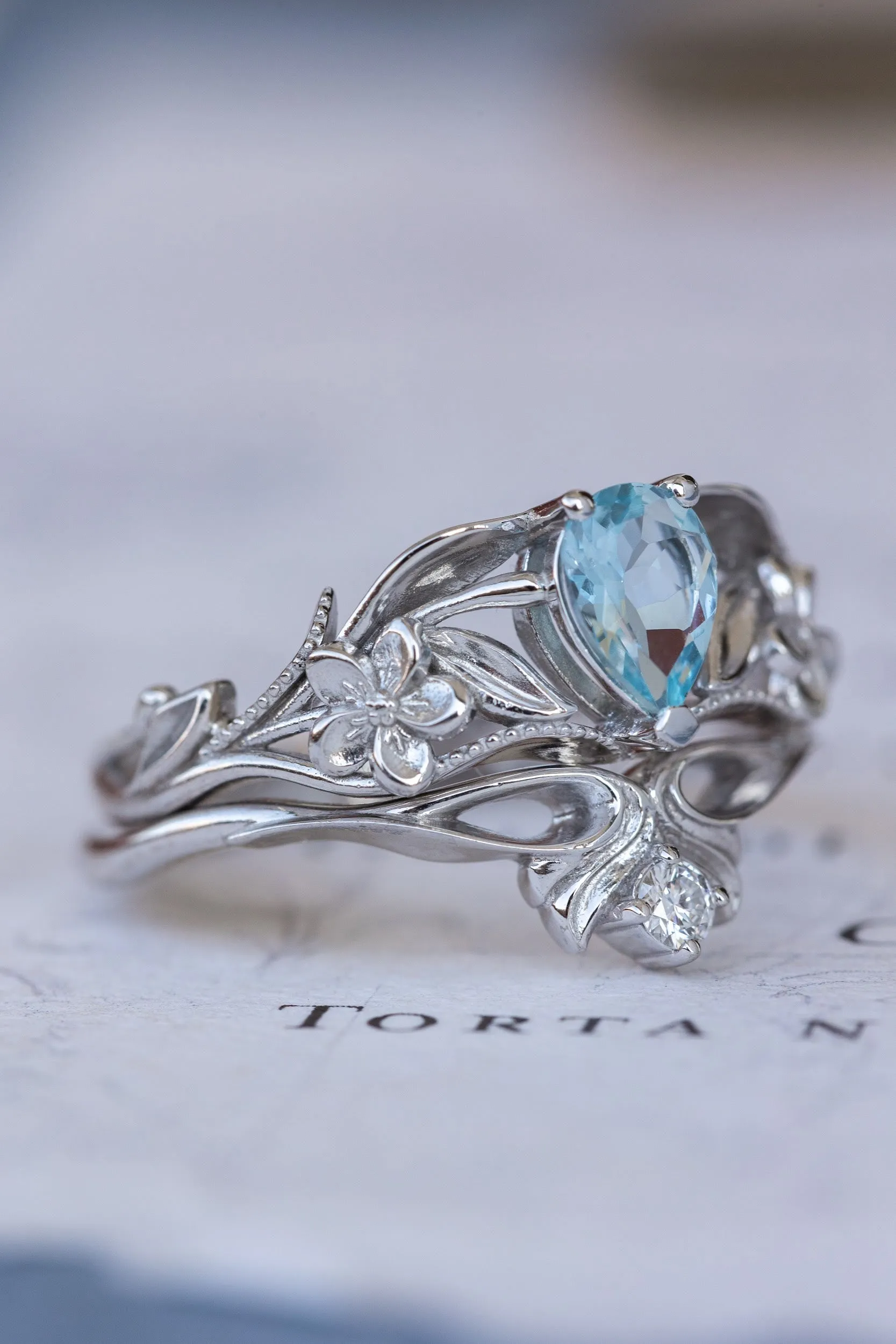 Gold flower engagement ring with natural aquamarine, art nouveau proposal ring / Eloise