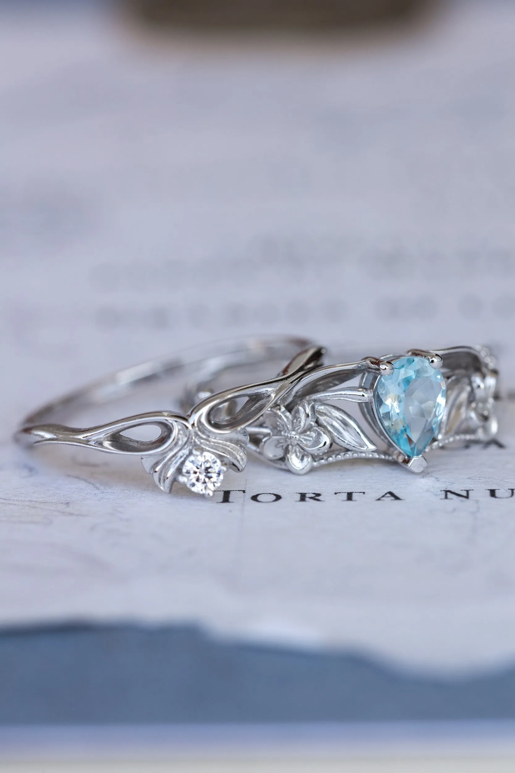 Gold flower engagement ring with natural aquamarine, art nouveau proposal ring / Eloise