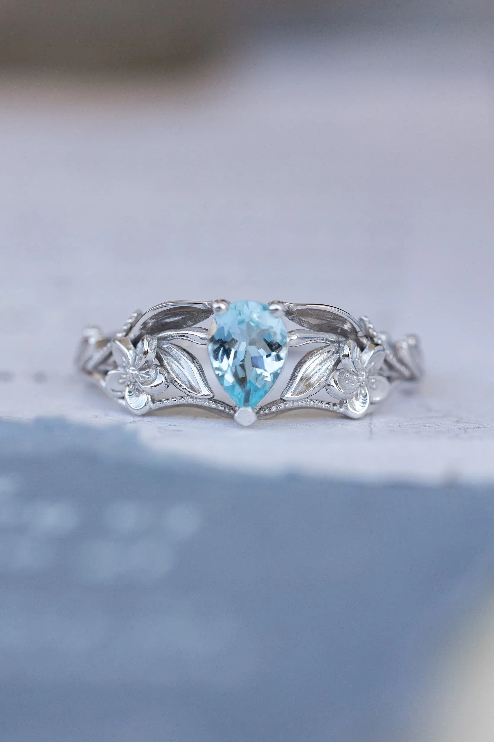 Gold flower engagement ring with natural aquamarine, art nouveau proposal ring / Eloise