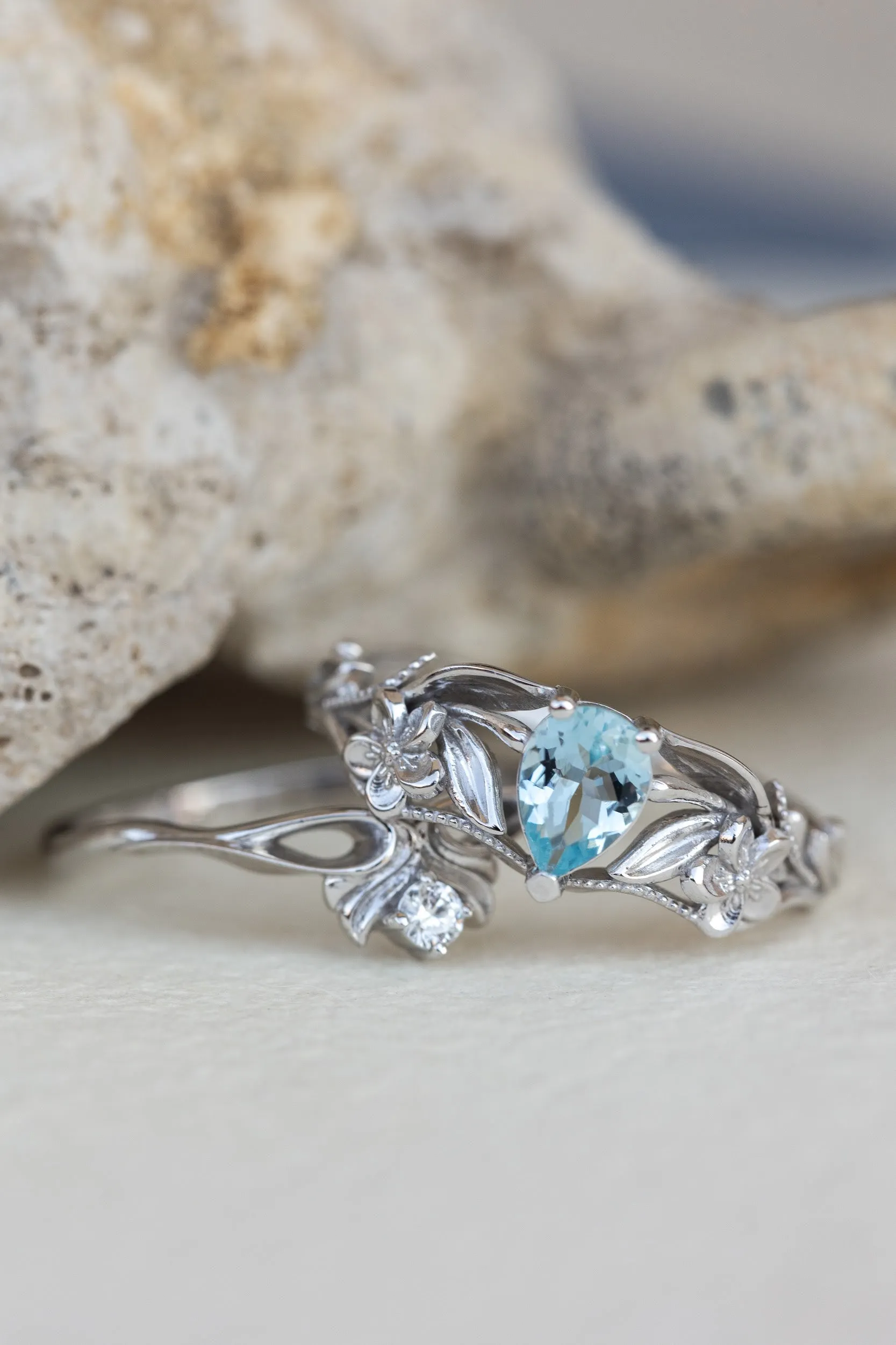 Gold flower engagement ring with natural aquamarine, art nouveau proposal ring / Eloise