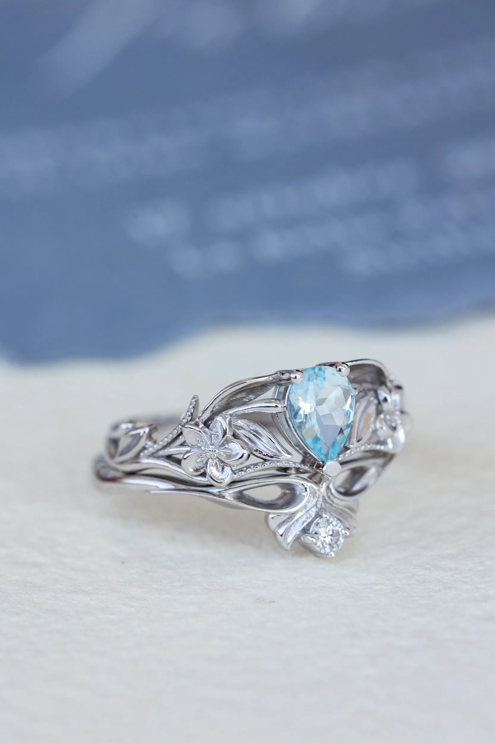 Gold flower engagement ring with natural aquamarine, art nouveau proposal ring / Eloise