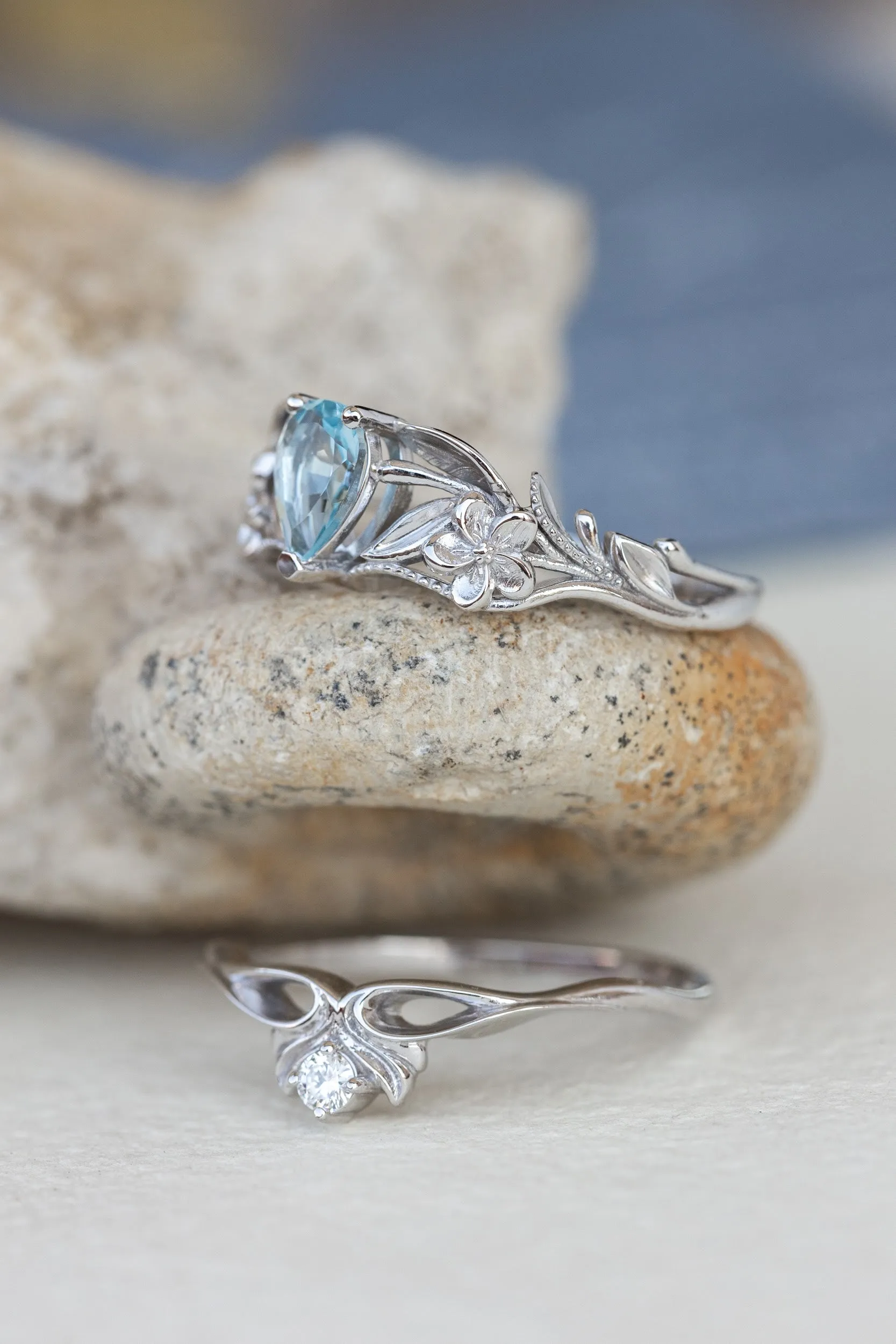 Gold flower engagement ring with natural aquamarine, art nouveau proposal ring / Eloise