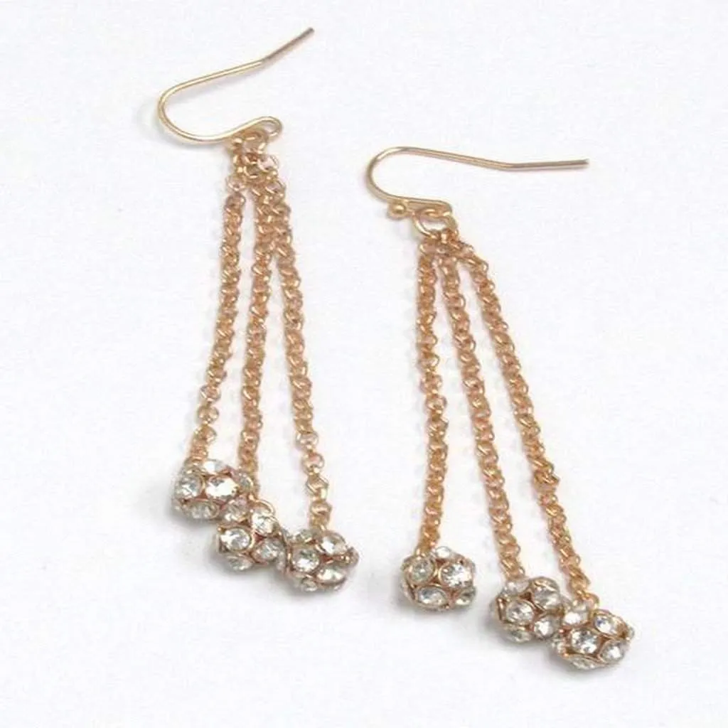 Gold Rhinestone Triple Ball Dangle Earrings