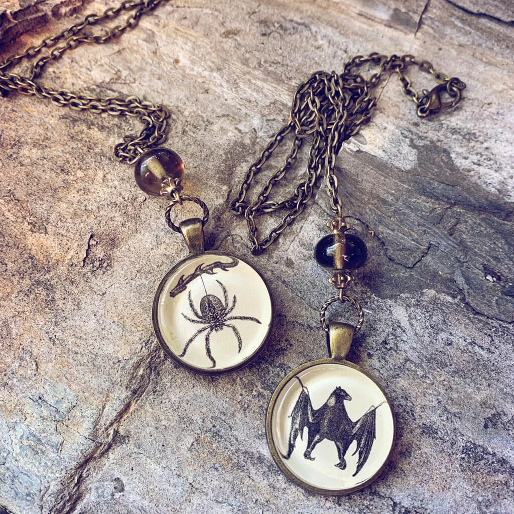 gothic // victorian-inspired antiqued brass spider or bat pendant necklace