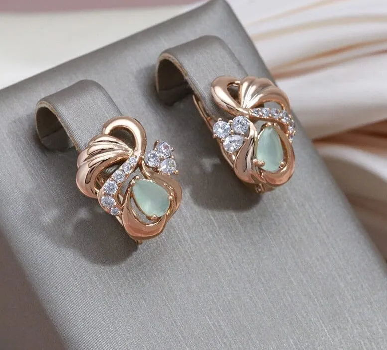 Green Emerald Crystal Flower Rose Gold Color Earrings