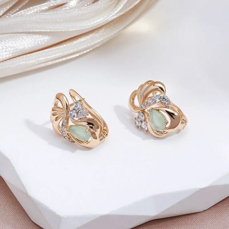 Green Emerald Crystal Flower Rose Gold Color Earrings