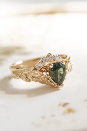 Green sapphire and diamonds bridal ring set, nature themed gold engagement and wedding rings / Palmira